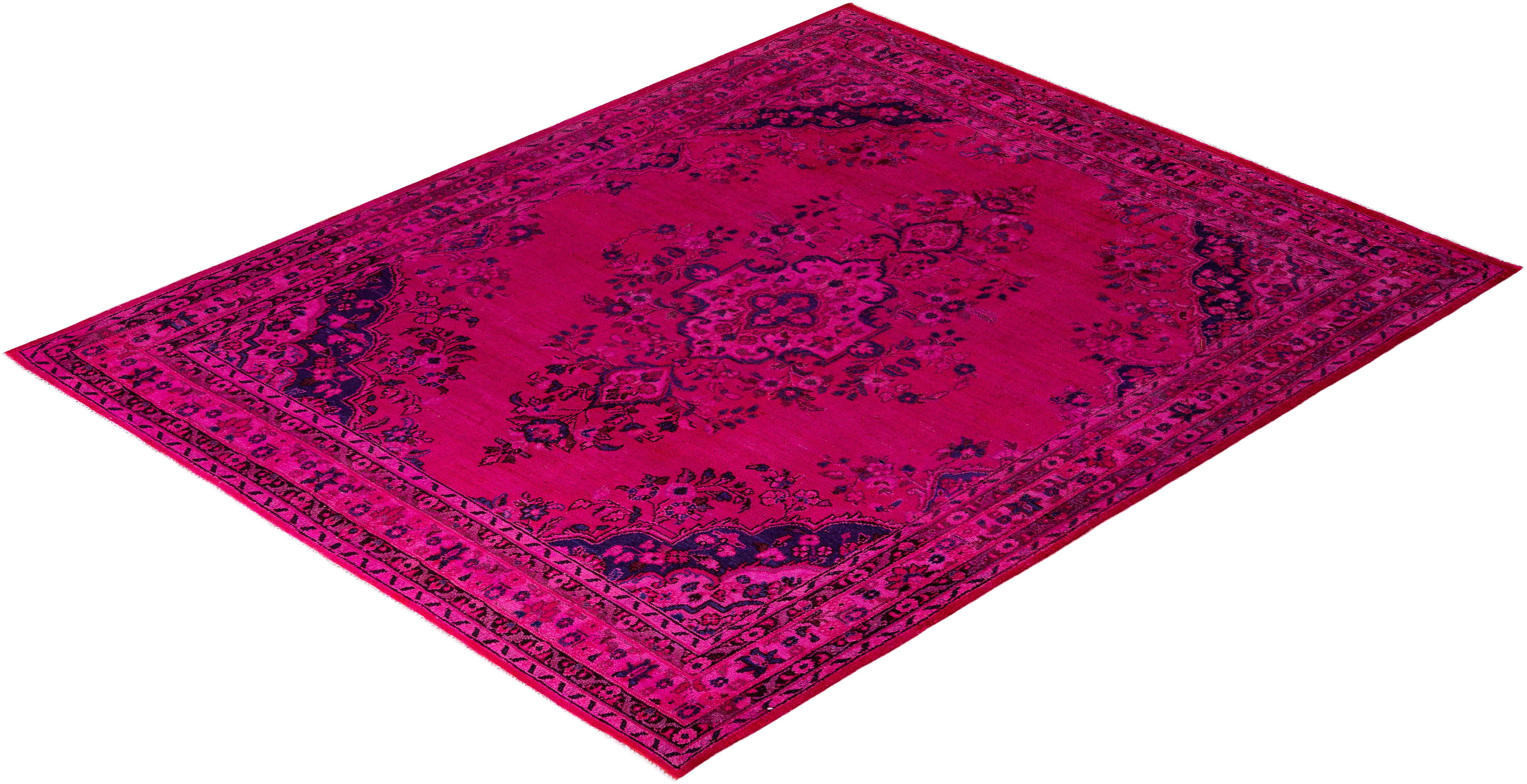 Contemporary Overdyed Hand Knotted Wool Pink Area Rug For Sale 4