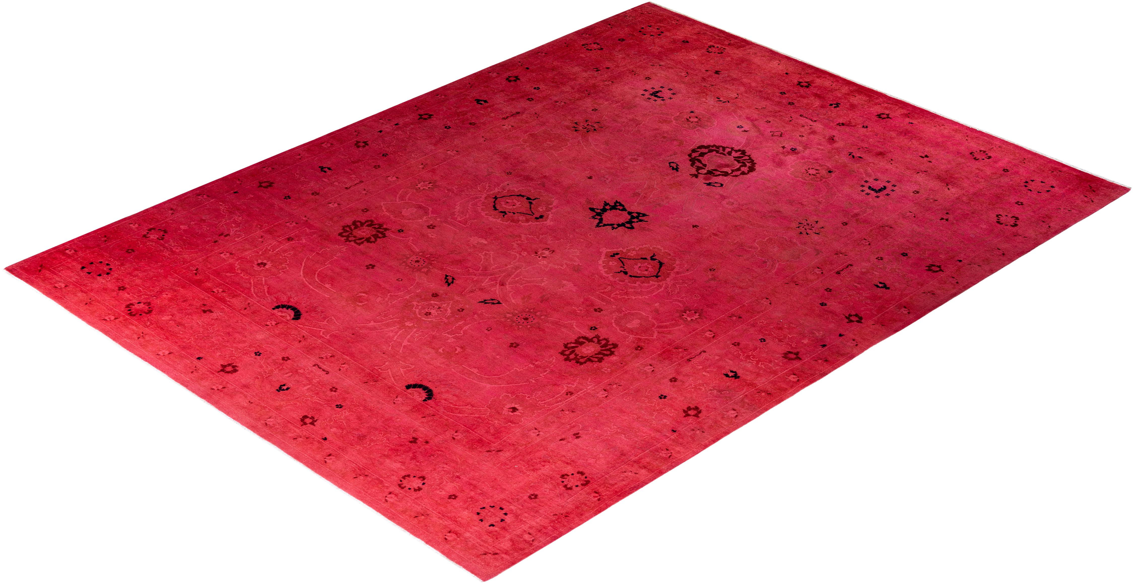 Contemporary Overdyed Hand Knotted Wool Pink Area Rug For Sale 4