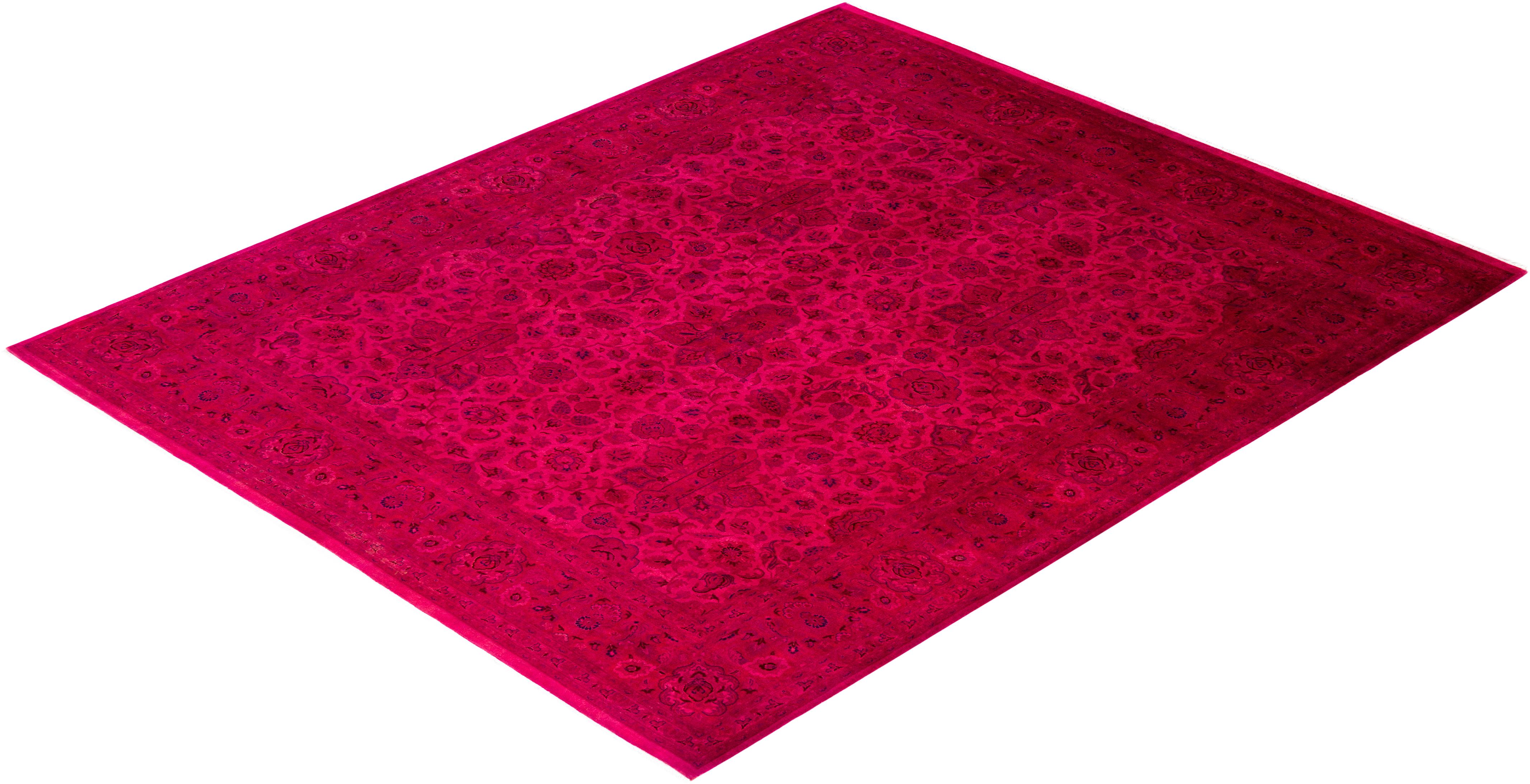 Contemporary Overdyed Hand Knotted Wool Pink Area Rug For Sale 4