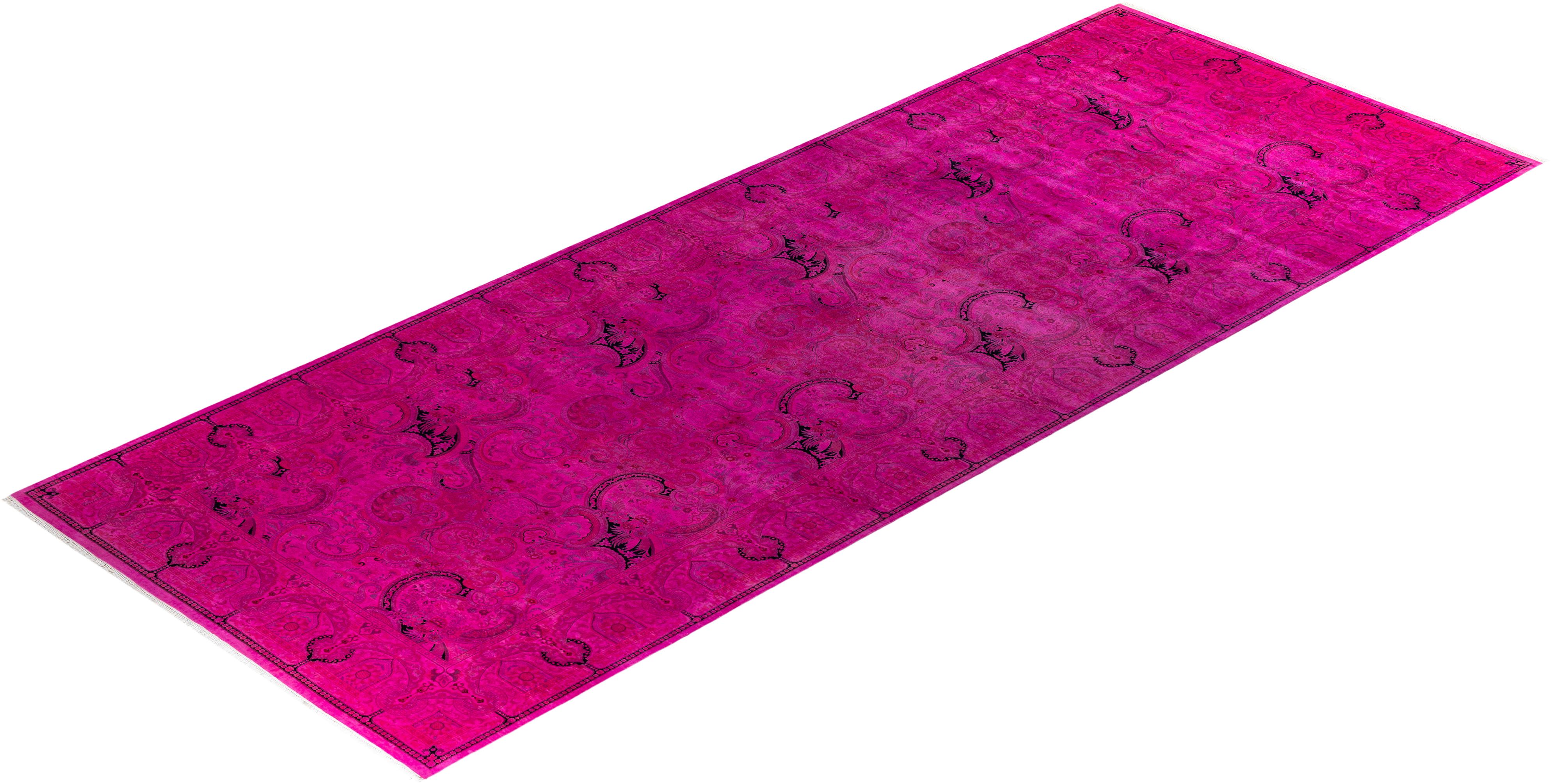 Contemporary Overdyed Hand Knotted Wool Pink Area Rug For Sale 4