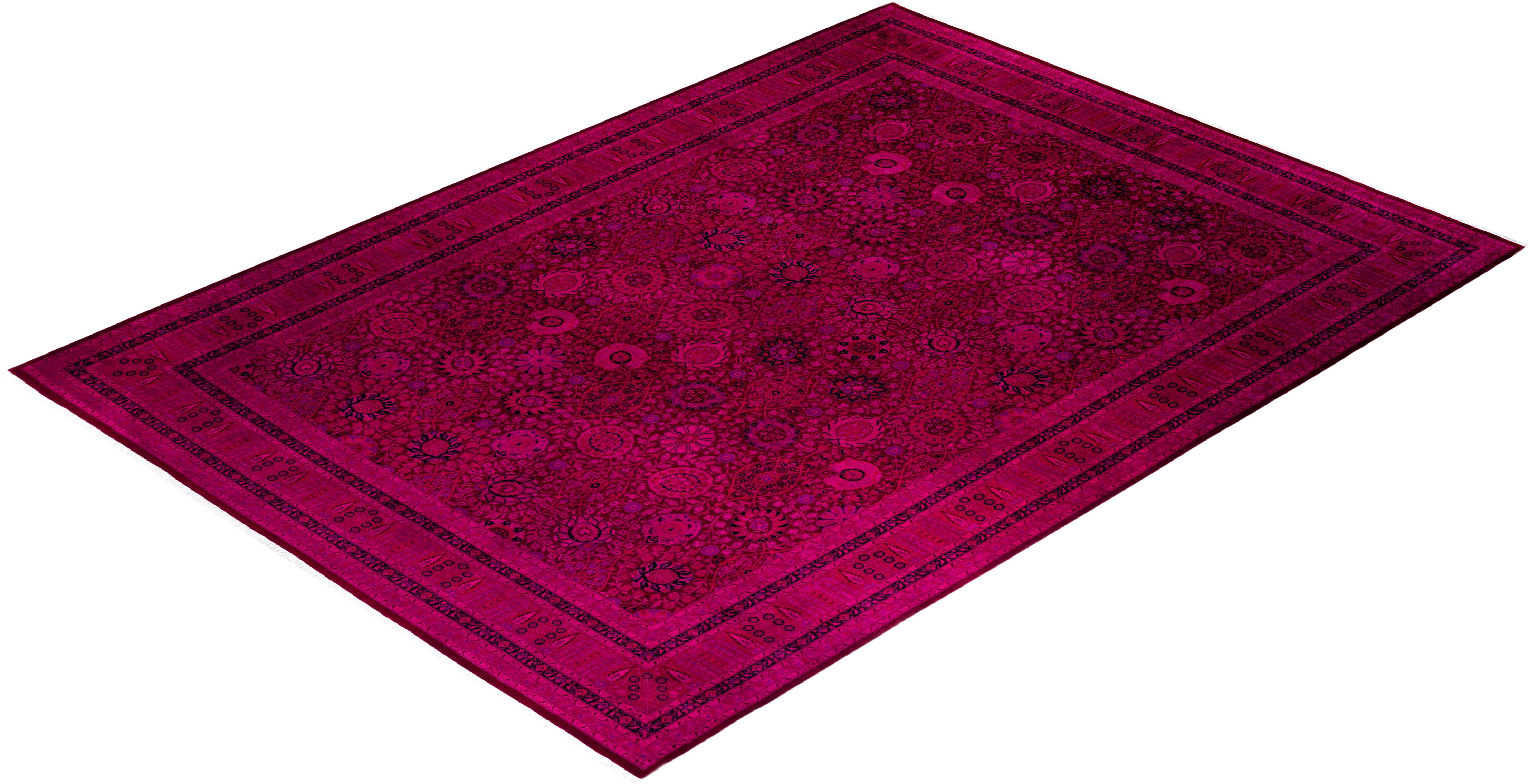 Contemporary Overdyed Hand Knotted Wool Pink Area Rug For Sale 4