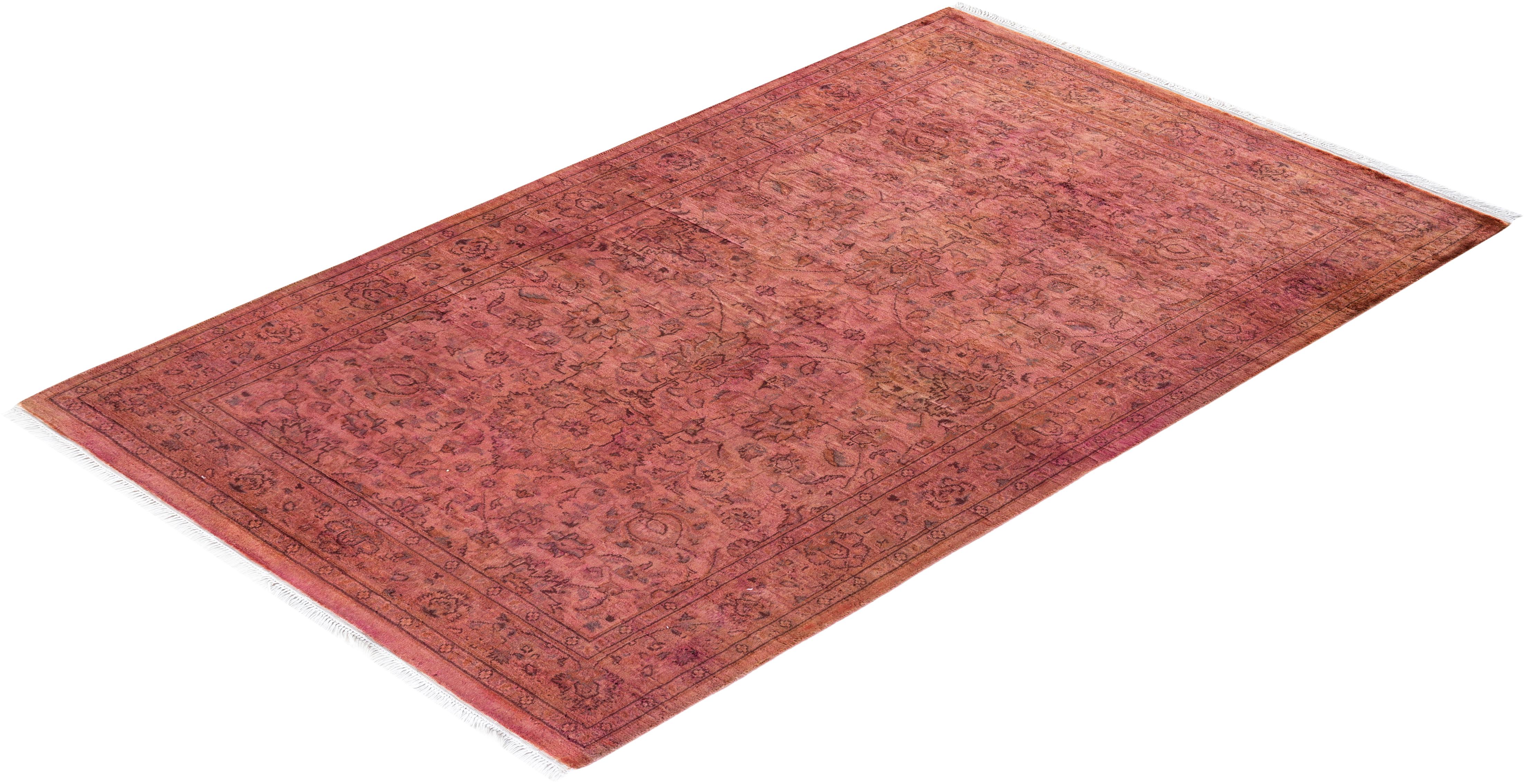 Contemporary Overdyed Hand Knotted Wool Pink Area Rug For Sale 4