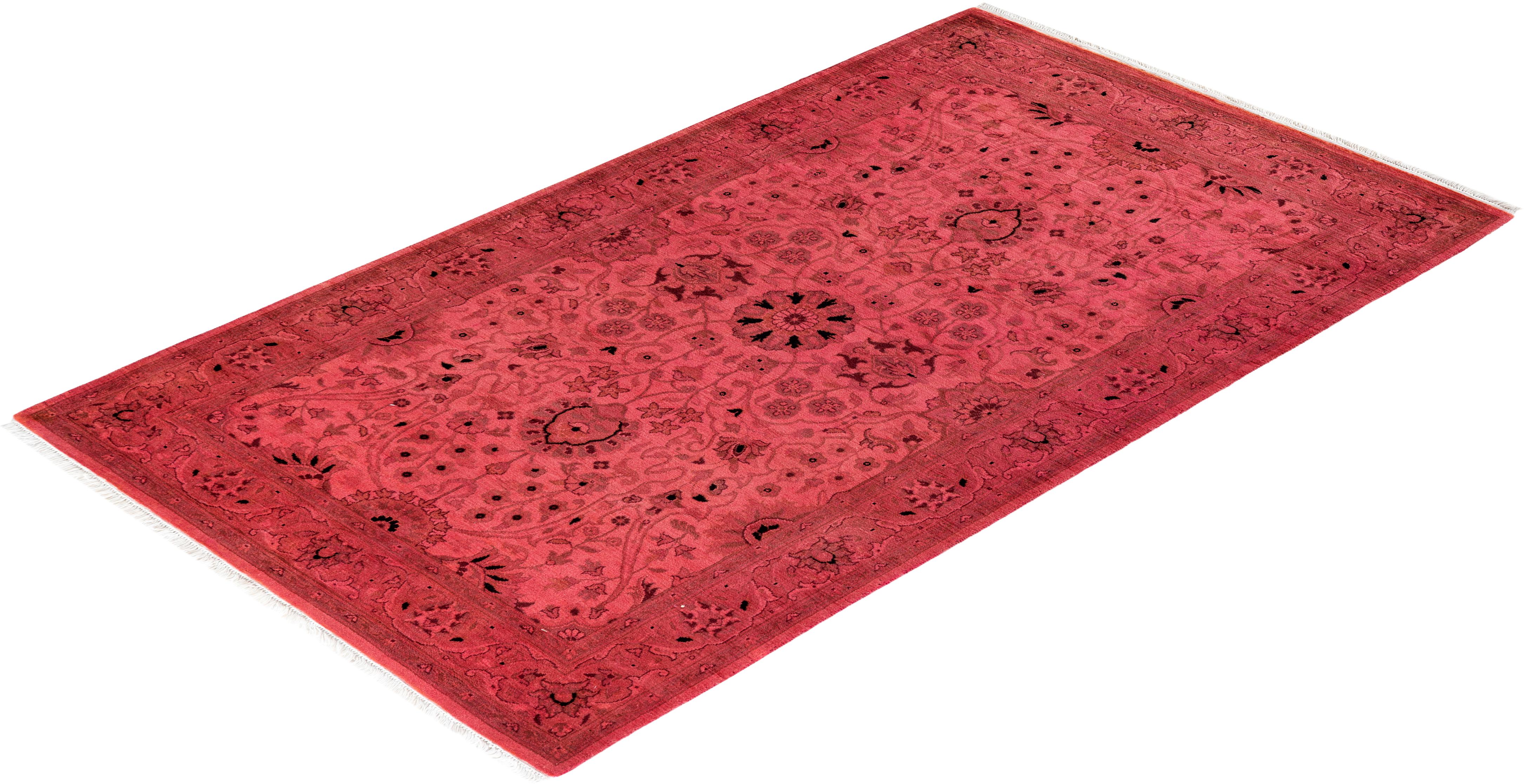 Contemporary Overdyed Hand Knotted Wool Pink Area Rug For Sale 4