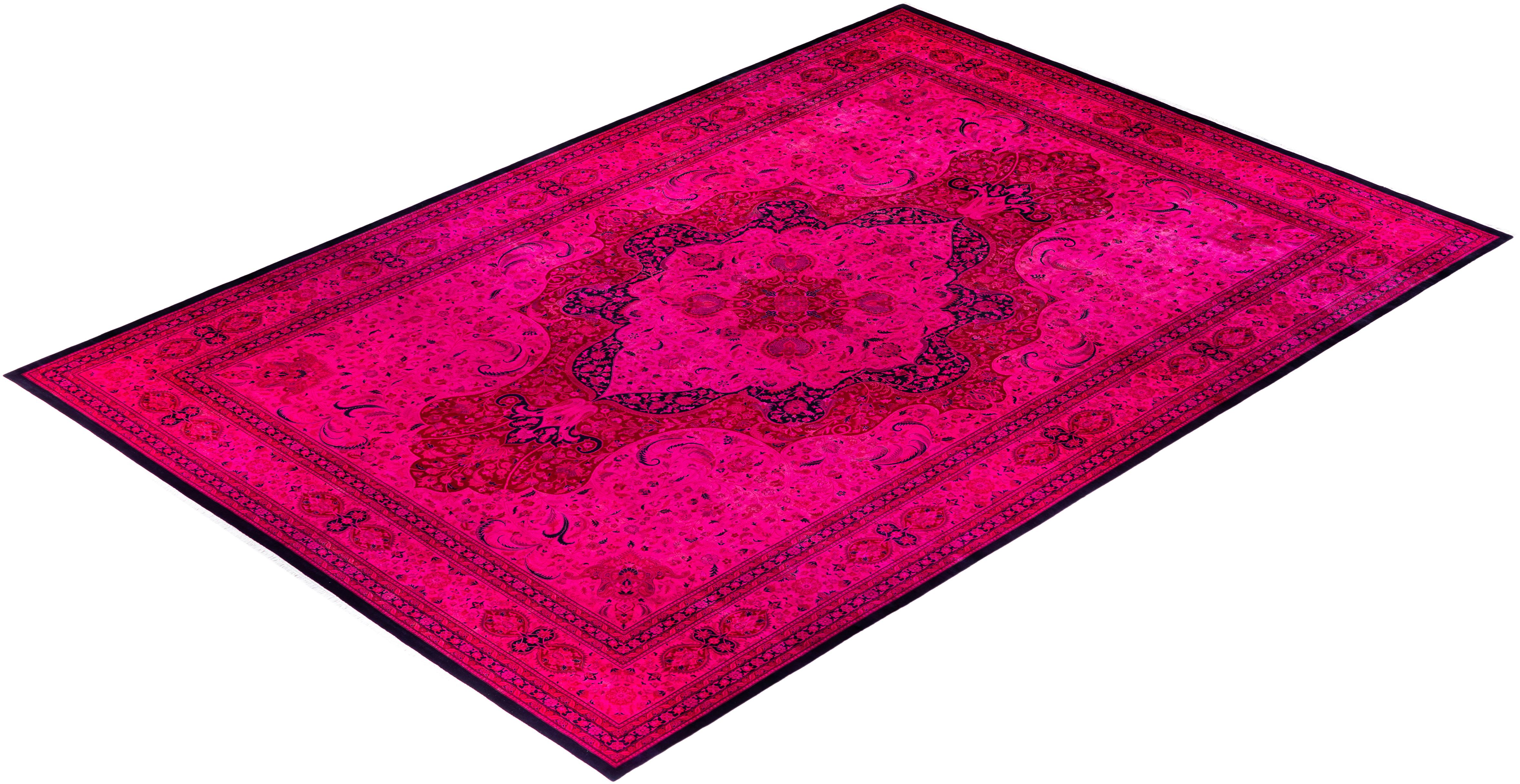 Contemporary Overdyed Hand Knotted Wool Pink Area Rug For Sale 4