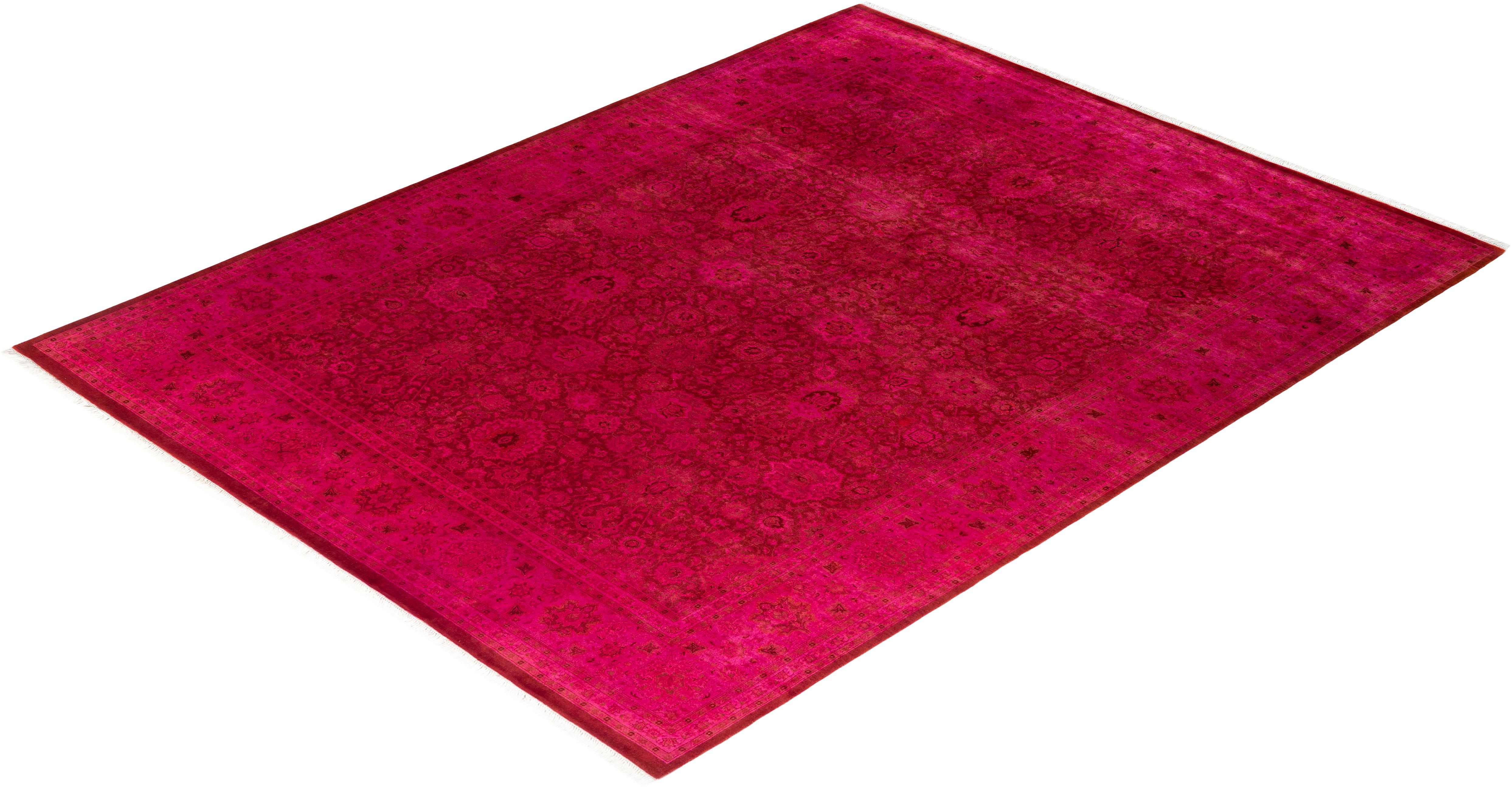 Contemporary Overdyed Hand Knotted Wool Pink Area Rug For Sale 4