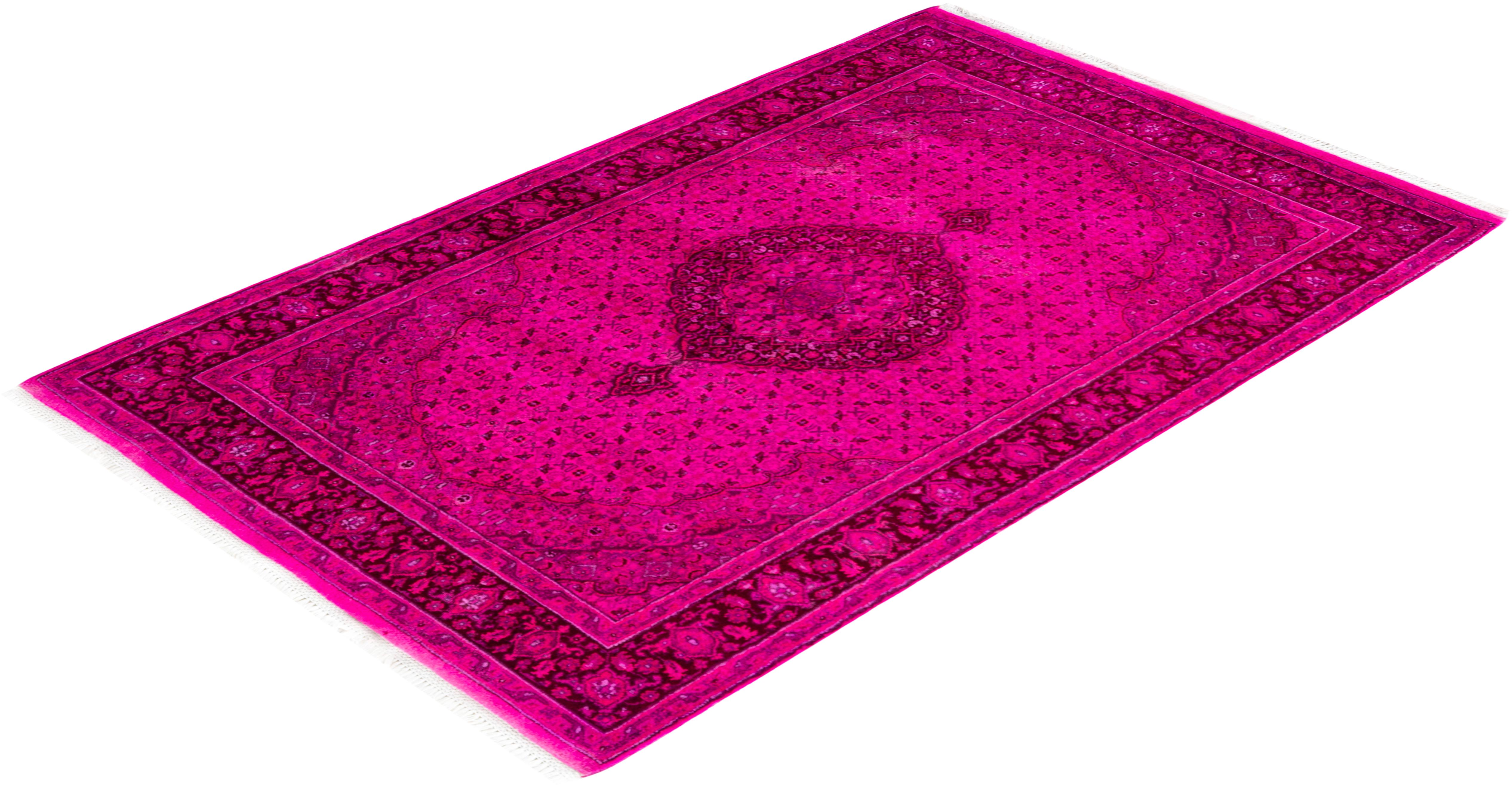 Contemporary Overdyed Hand Knotted Wool Pink Area Rug For Sale 4