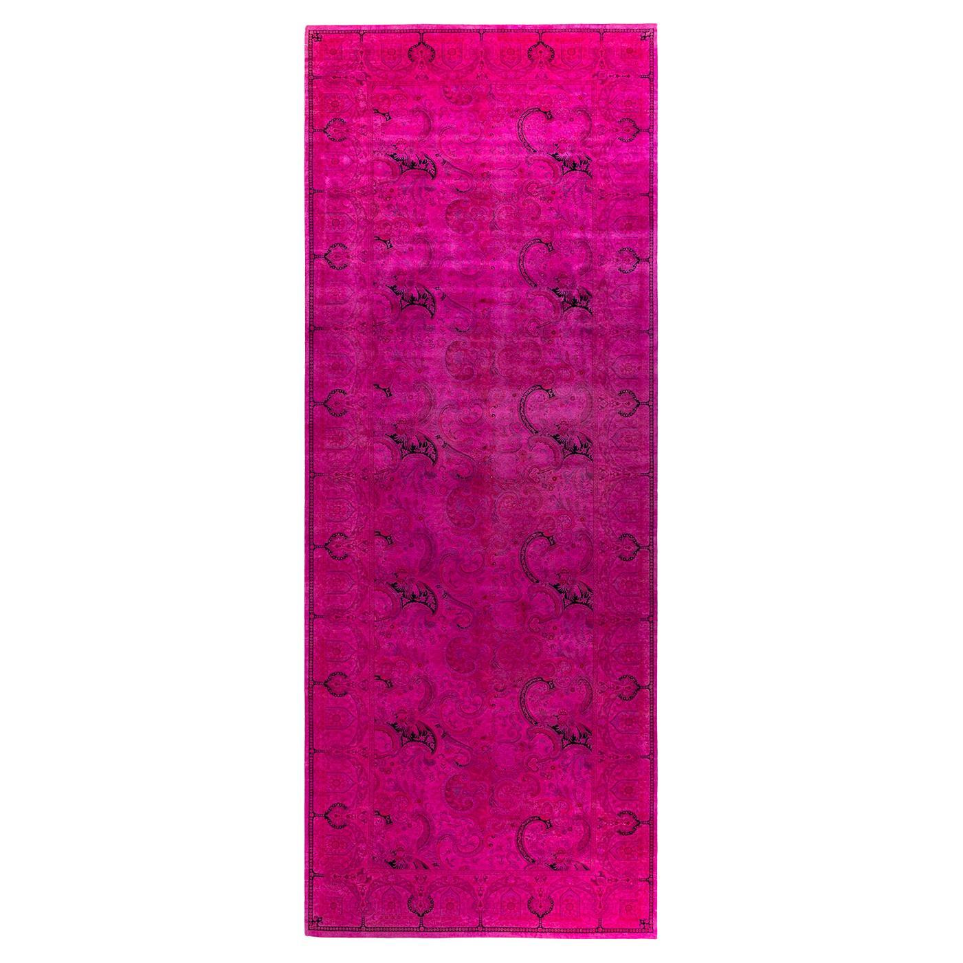 Contemporary Overdyed Hand Knotted Wool Pink Area Rug For Sale