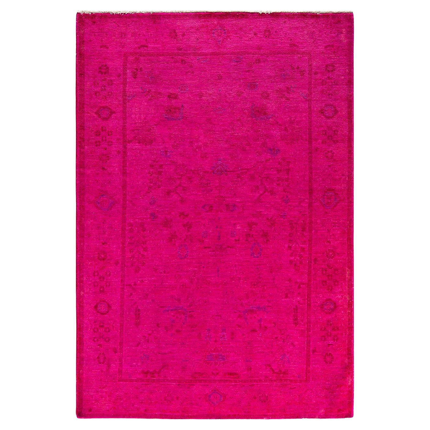 Contemporary Overdyed Hand Knotted Wool Pink Area Rug For Sale