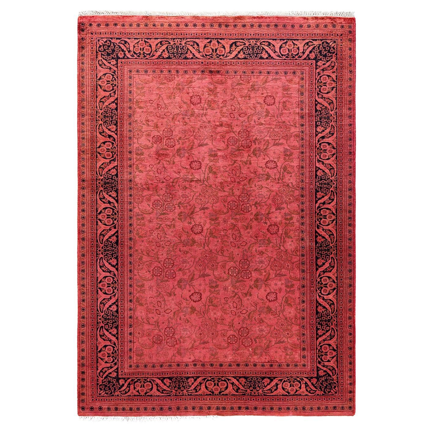 Contemporary Overdyed Hand Knotted Wool Pink Area Rug For Sale