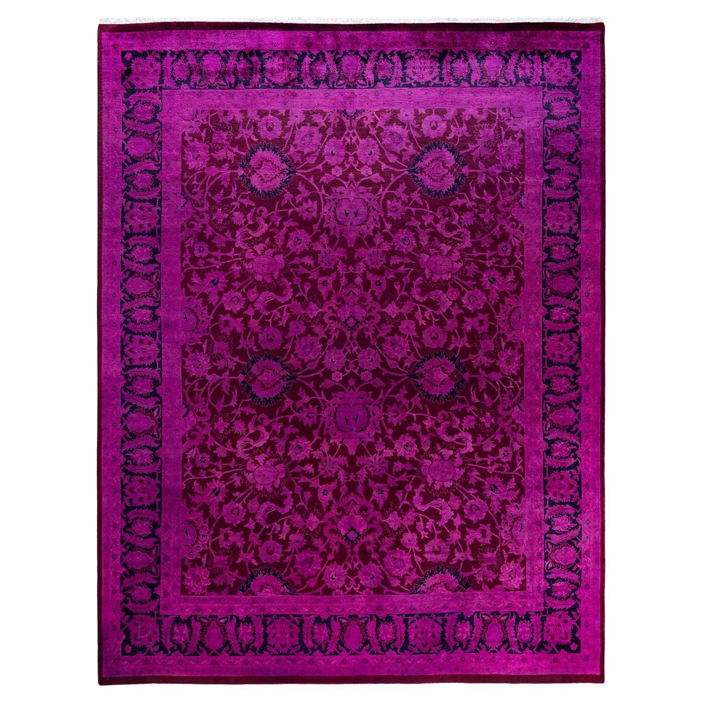 Contemporary Overdyed Hand Knotted Wool Pink Area Rug For Sale