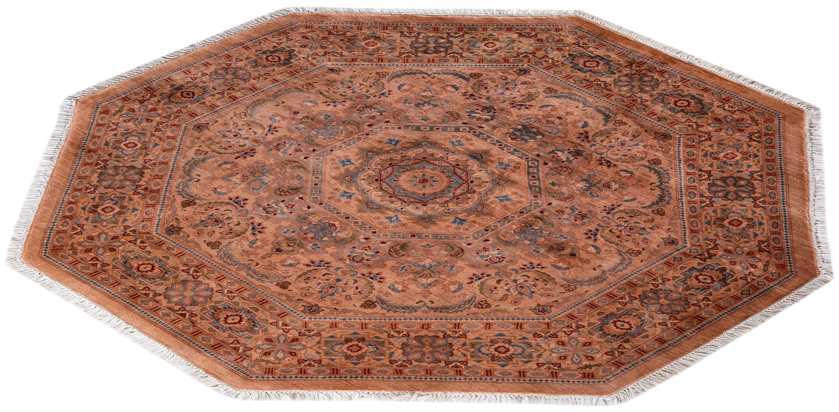 Contemporary Overdyed Hand Knotted Wool Pink Octagon Area Rug For Sale 4