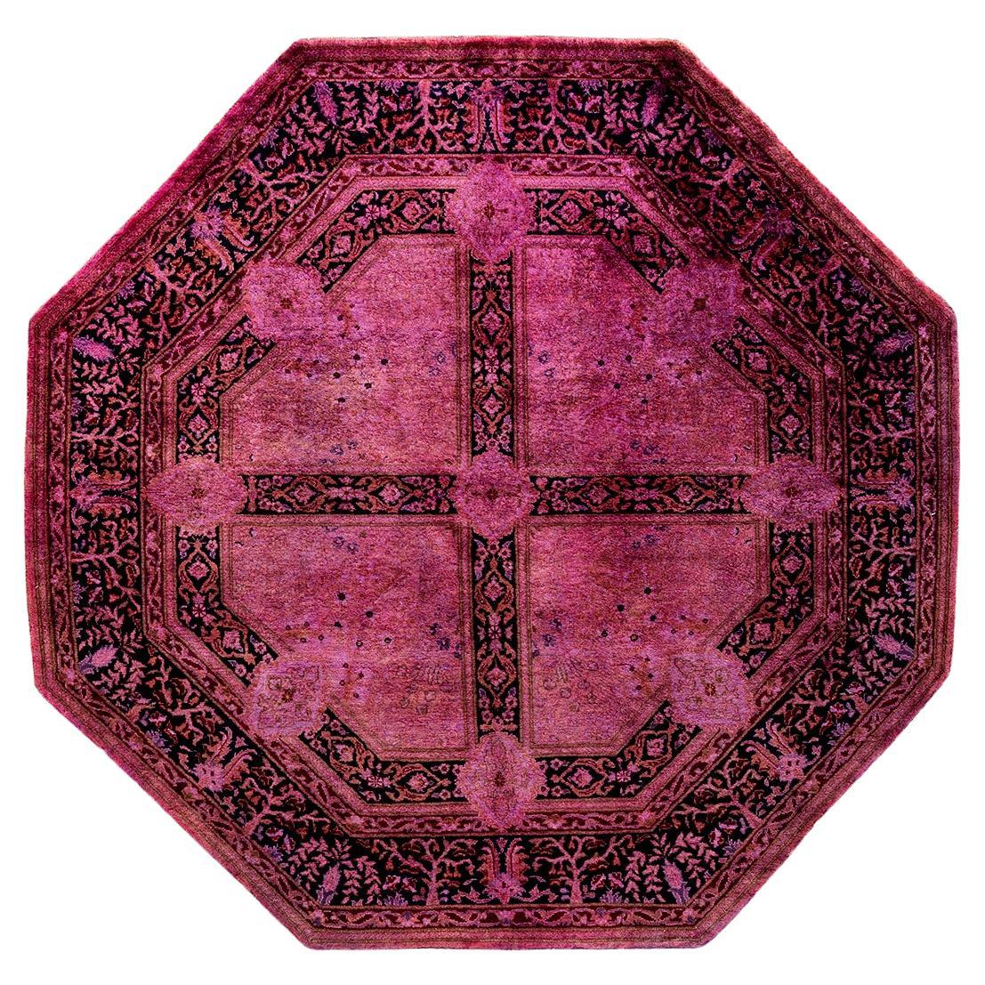 Contemporary Overdyed Hand Knotted Wool Pink Octagon Area Rug For Sale