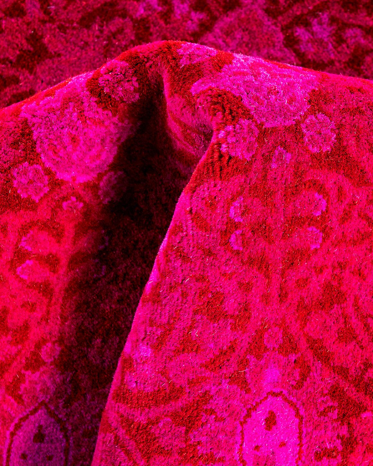 Alfombra redonda contemporánea de lana teñida y anudada a mano, rosa 1' x 1' cm en venta 1