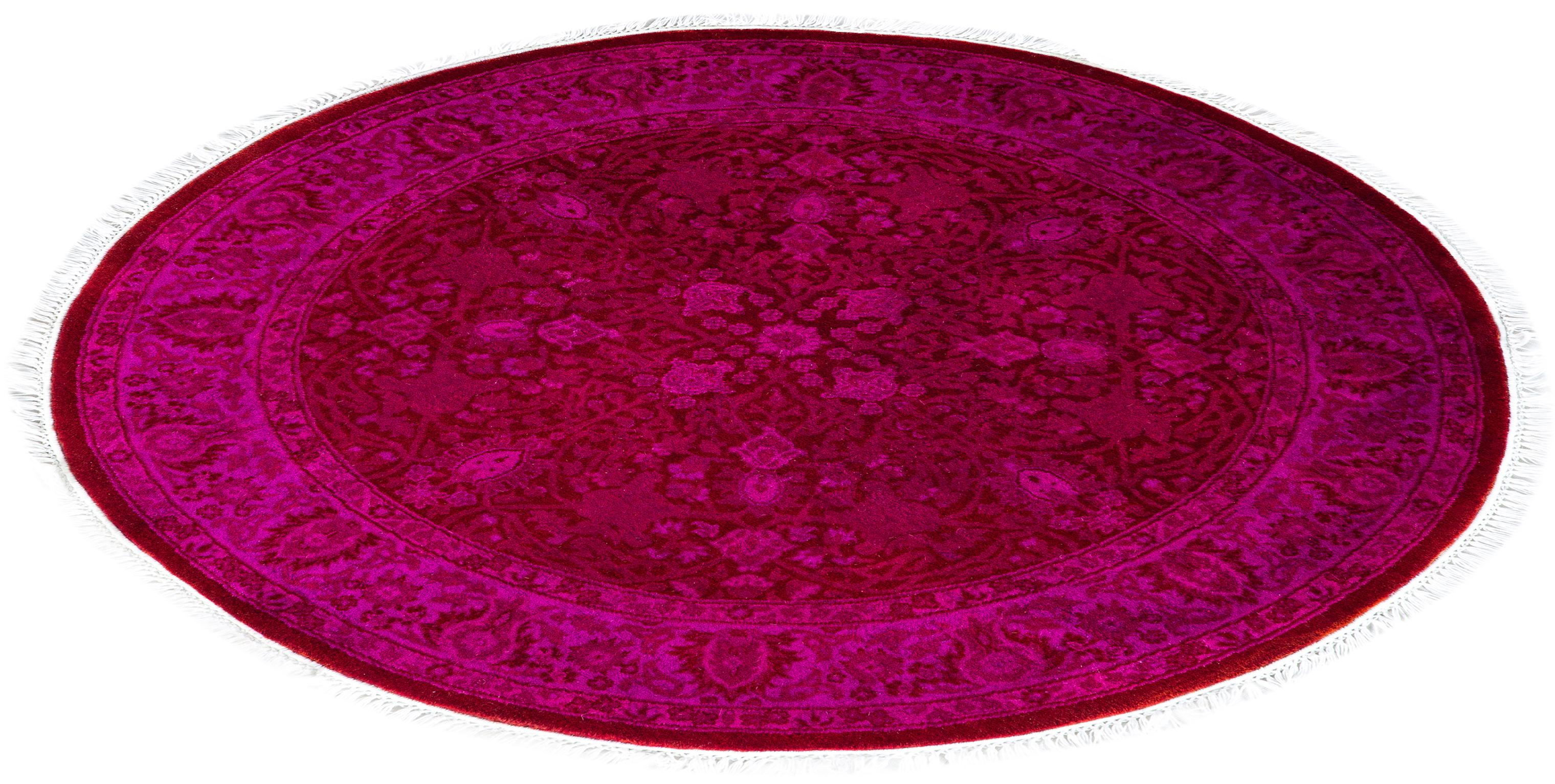 Alfombra redonda contemporánea de lana teñida y anudada a mano, rosa 1' x 1' cm en venta 2
