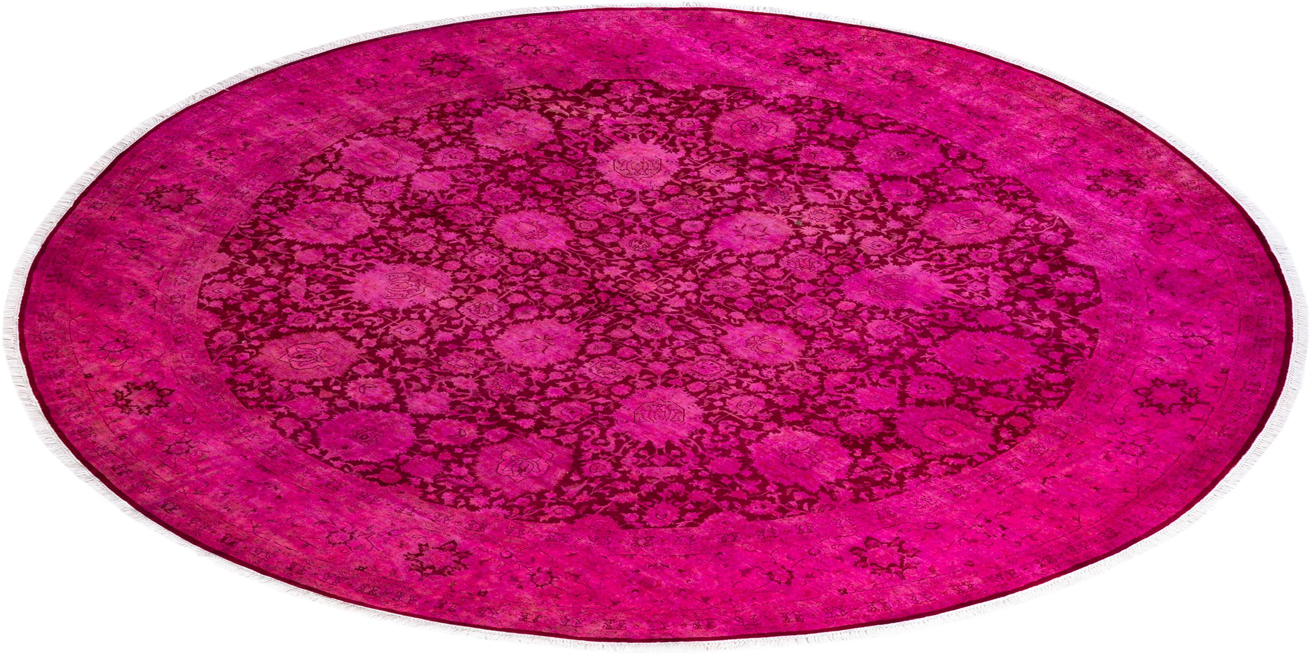 Contemporary Overdyed Hand Knotted Wool Pink Round Area Rugs 8' 1