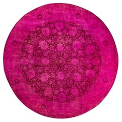 Contemporary Overdyed Hand Knotted Wool Pink Round Area Rug 8' 1" x 8' 1"