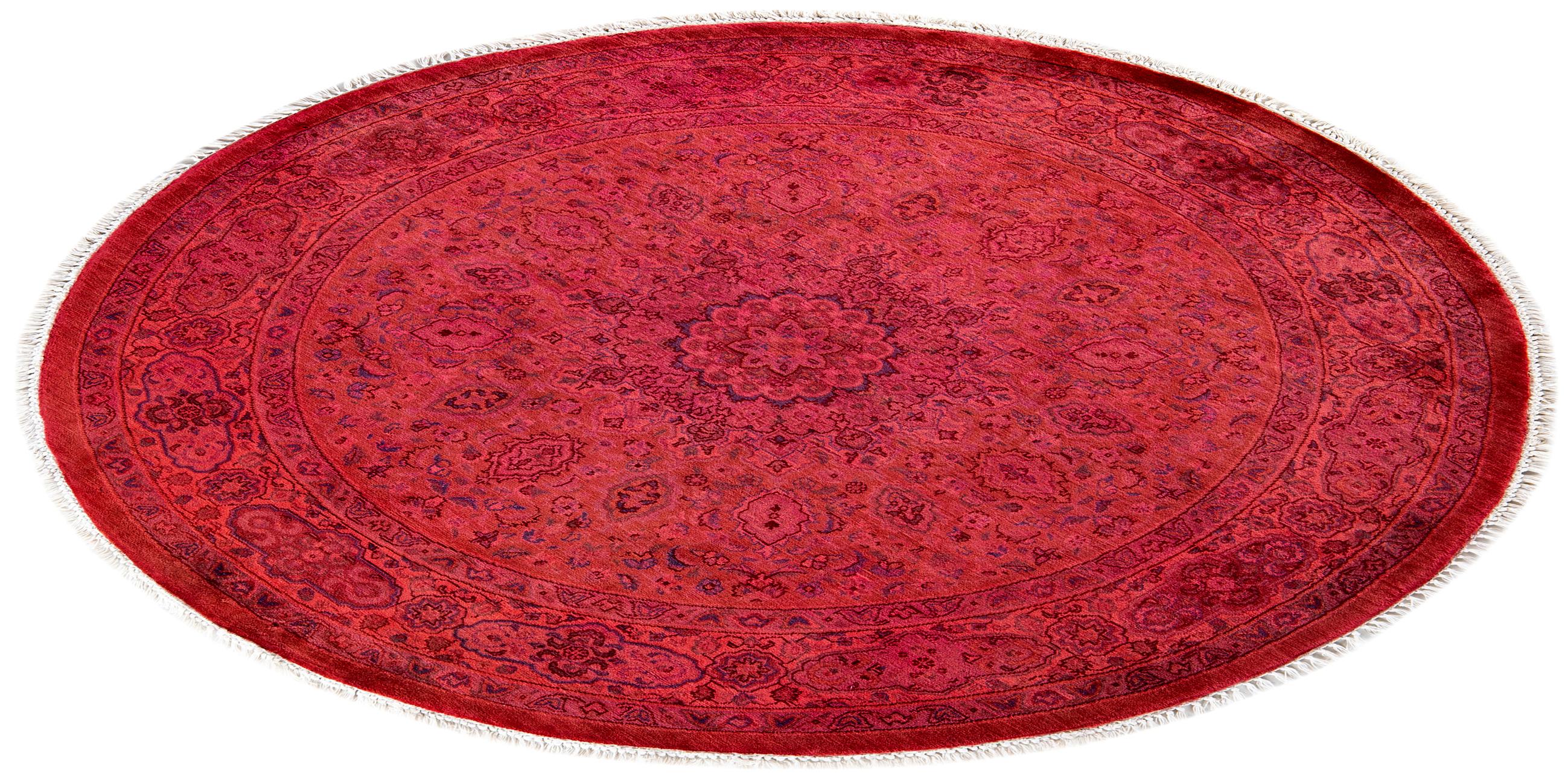 Contemporary Overdyed Hand Knotted Wool Pink Round Area Rug For Sale 4