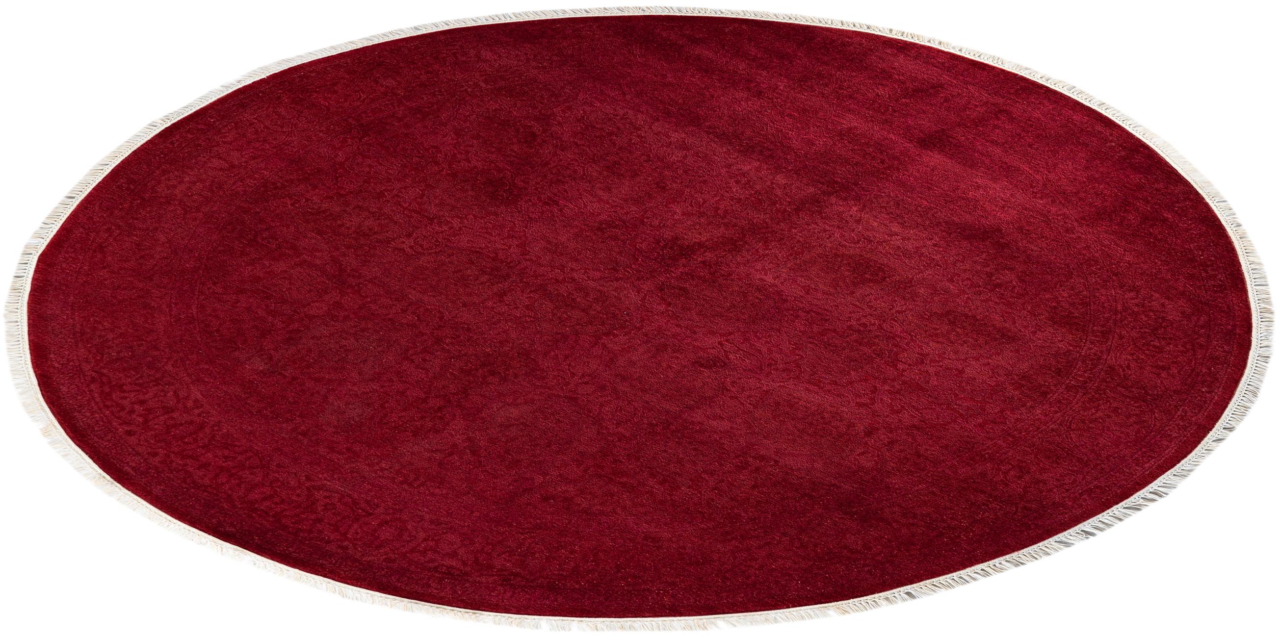 Contemporary Overdyed Hand Knotted Wool Pink Round Area Rug For Sale 4