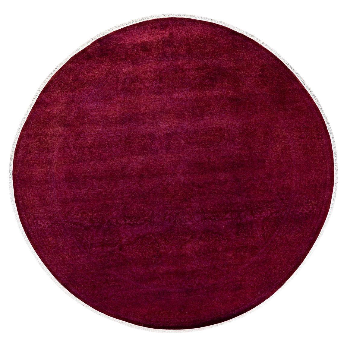 Contemporary Overdyed Hand Knotted Wool Pink Round Area Rug For Sale