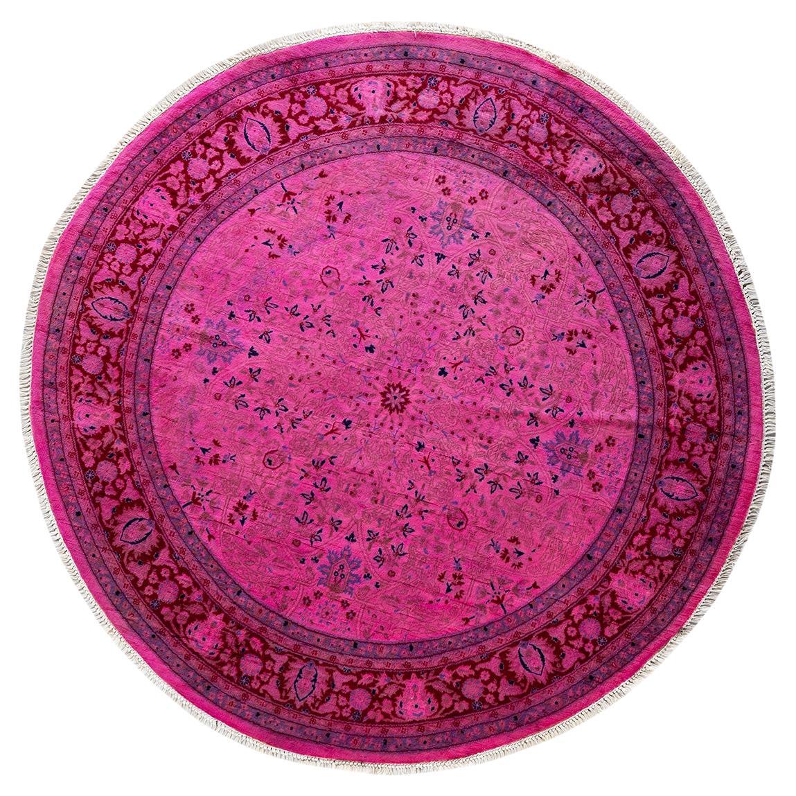 Contemporary Overdyed Hand Knotted Wool Pink Round Area Rug