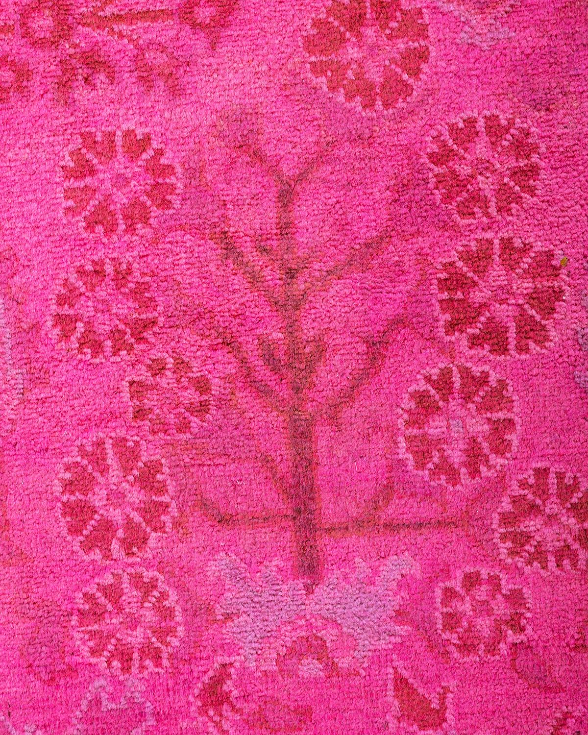 Pakistani Contemporary Overdyed Hand Knotted Wool Pink Runner For Sale