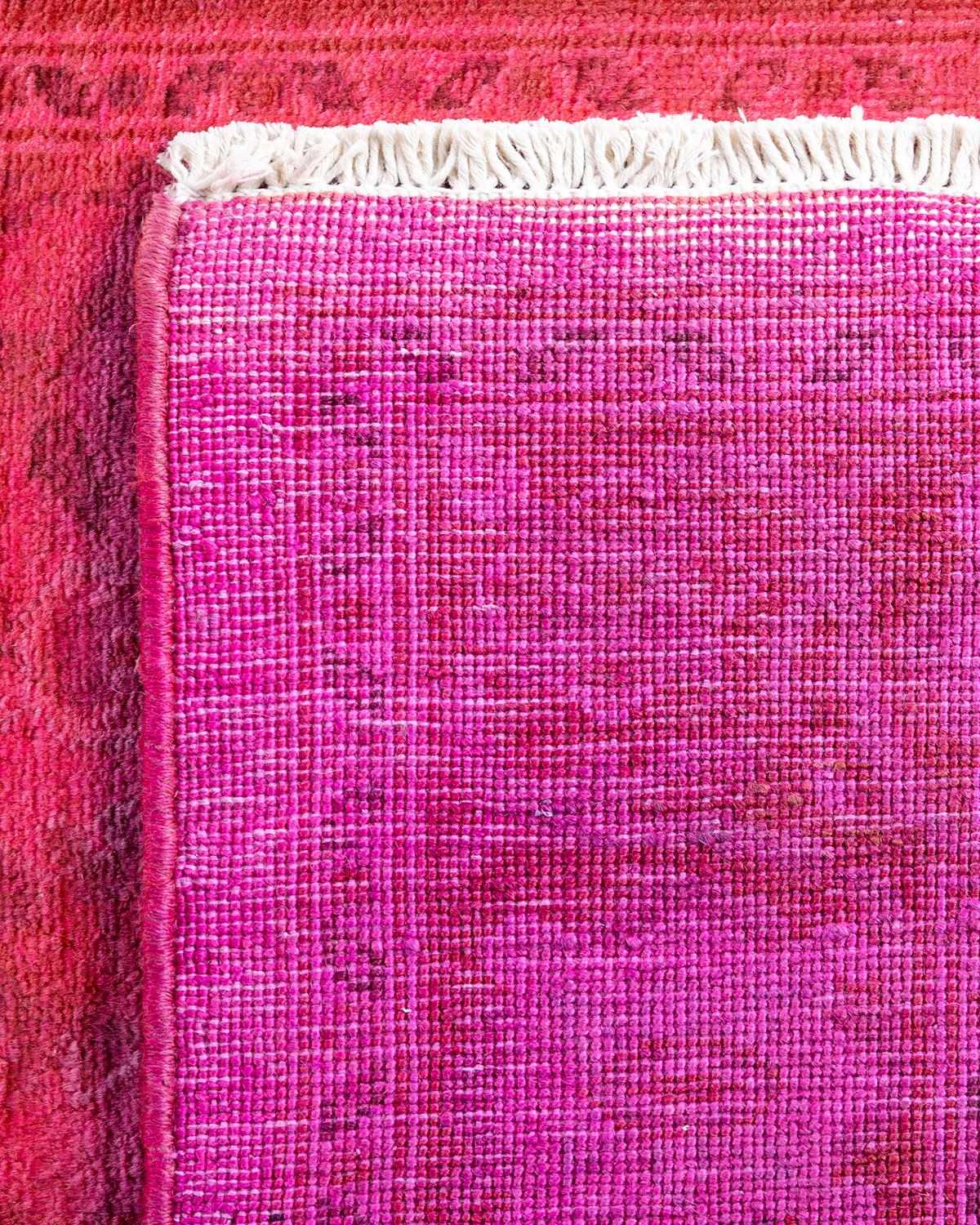 Contemporary Overdyed Hand Knotted Wool Pink Runner For Sale 1