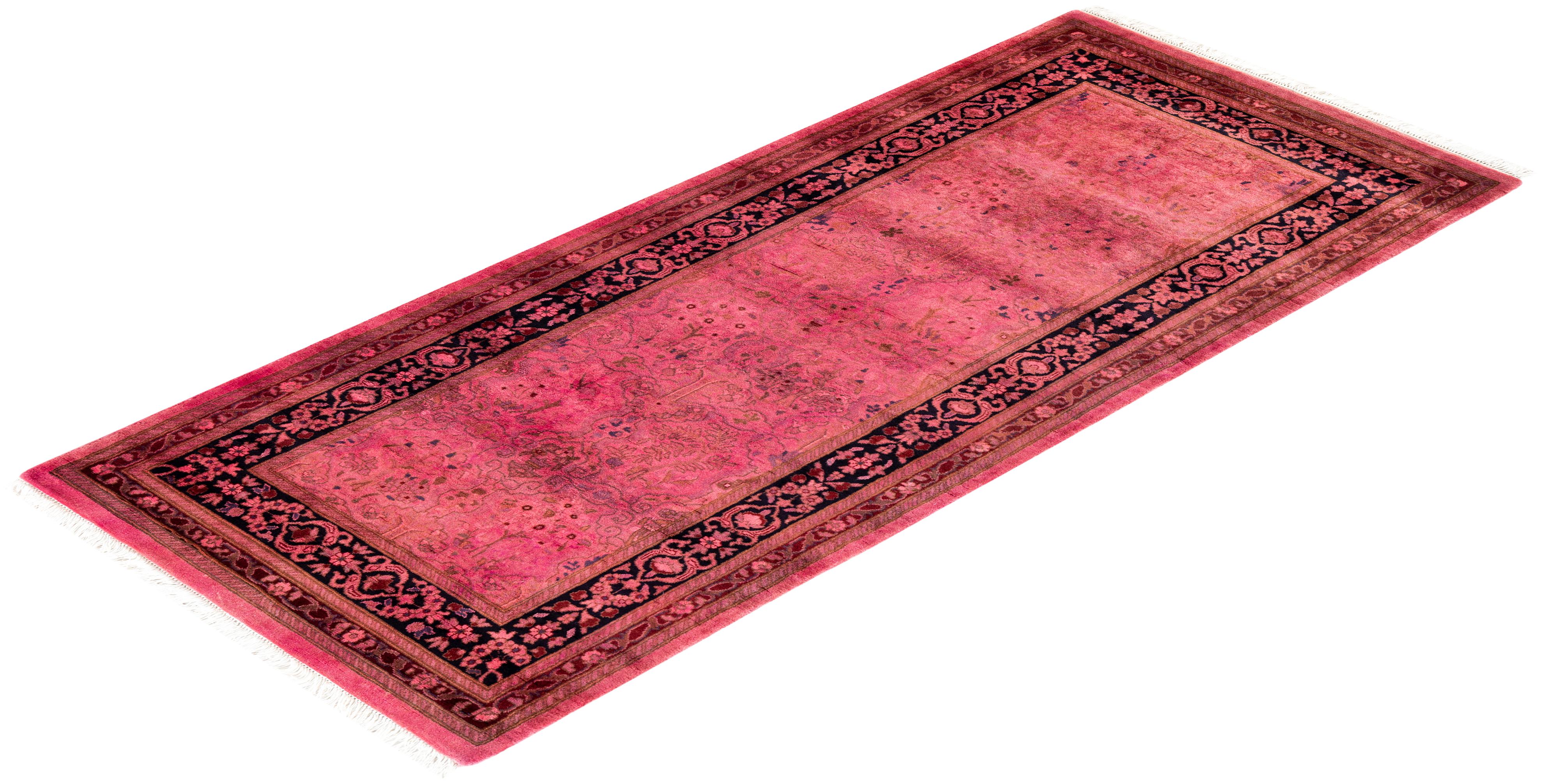 Contemporary Overdyed Hand Knotted Wool Pink Runner For Sale 4