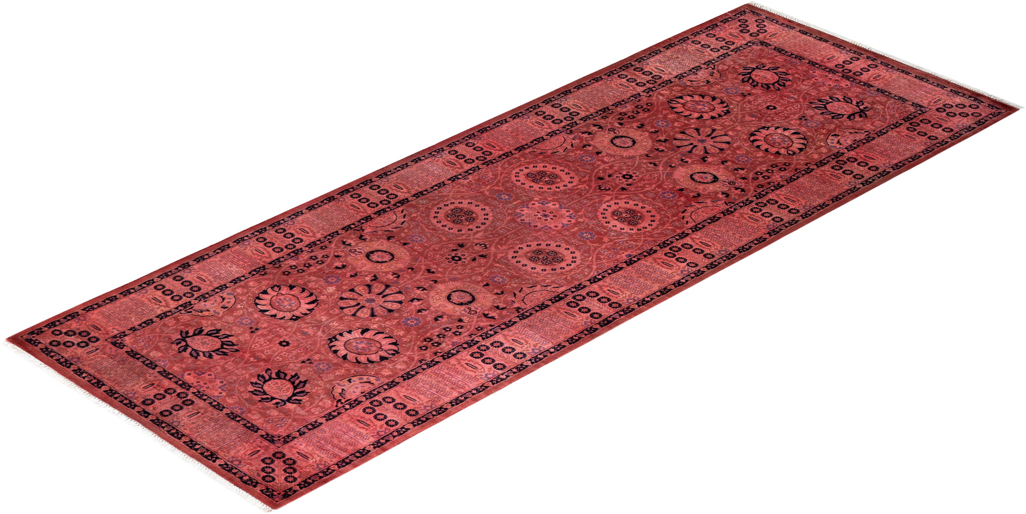 Contemporary Overdyed Hand Knotted Wool Pink Runner For Sale 4