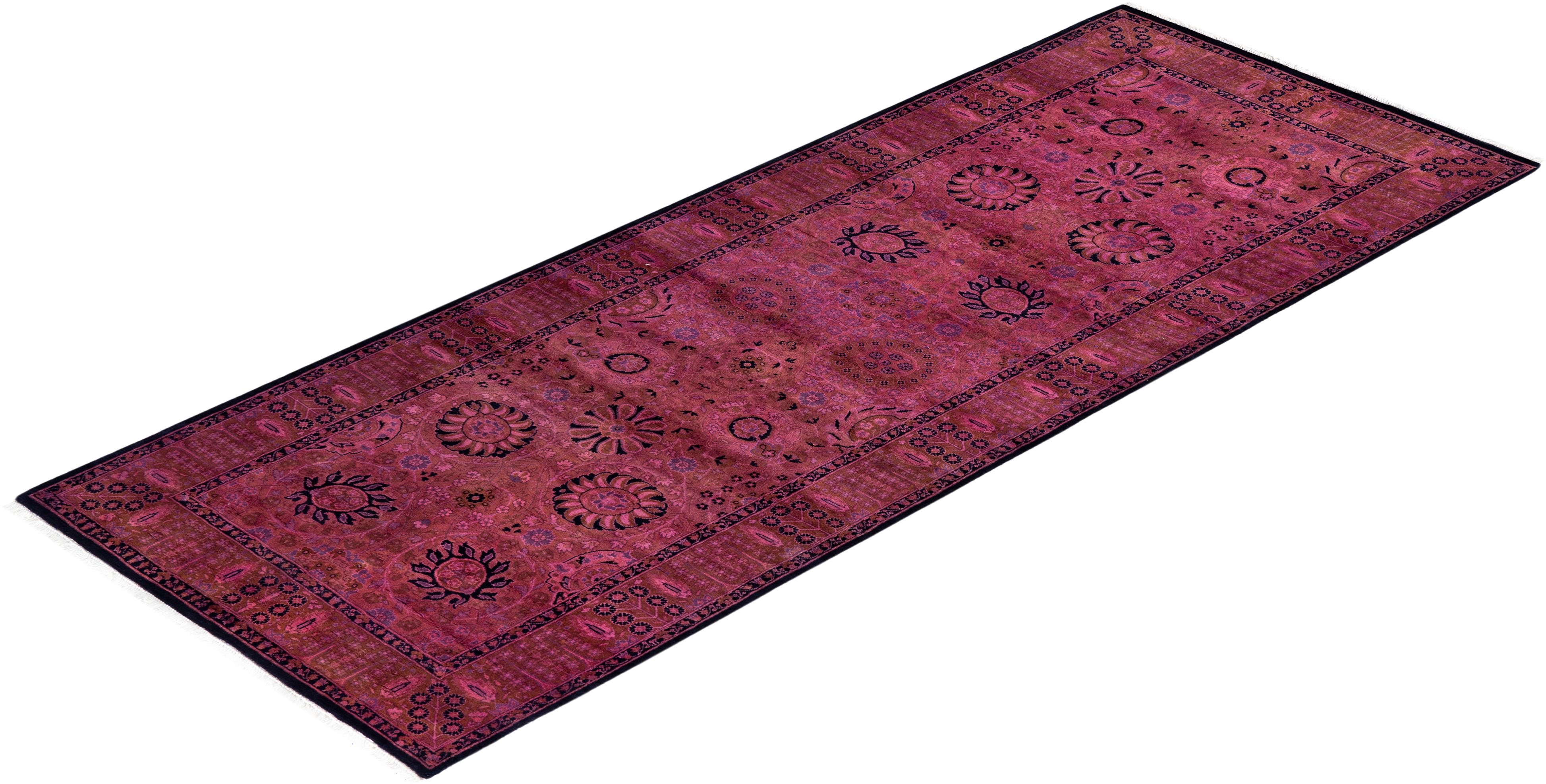 Contemporary Overdyed Hand Knotted Wool Pink Runner For Sale 4