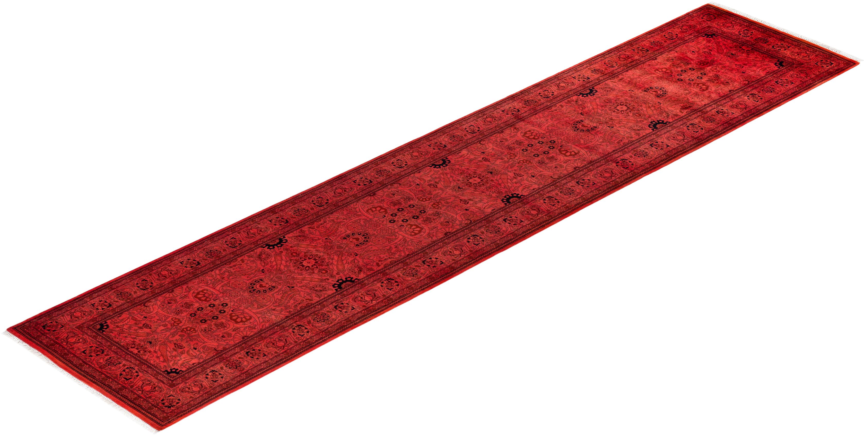 Contemporary Overdyed Hand Knotted Wool Pink Runner For Sale 4
