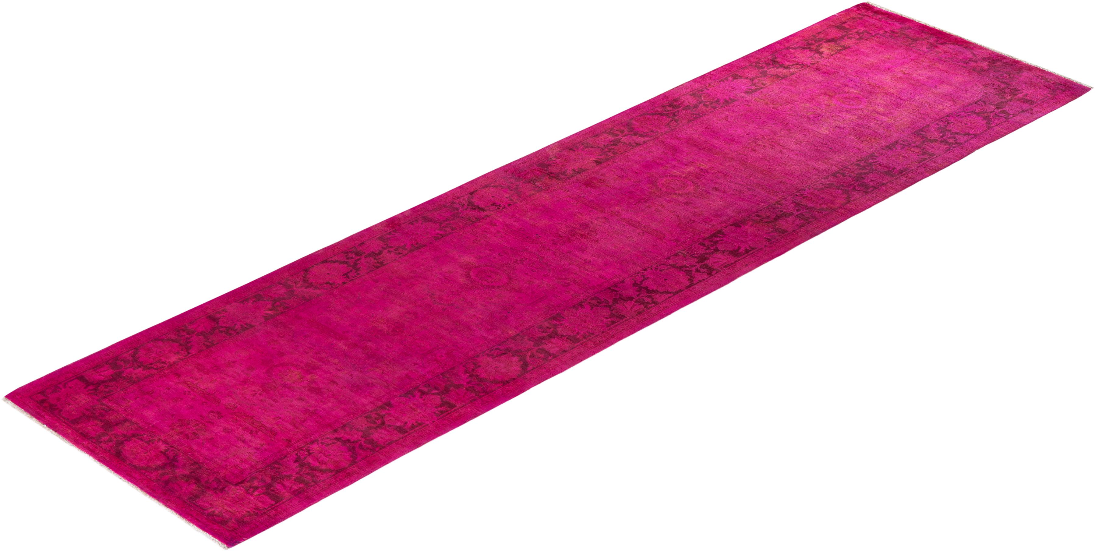 Contemporary Overdyed Hand Knotted Wool Pink Runner For Sale 4