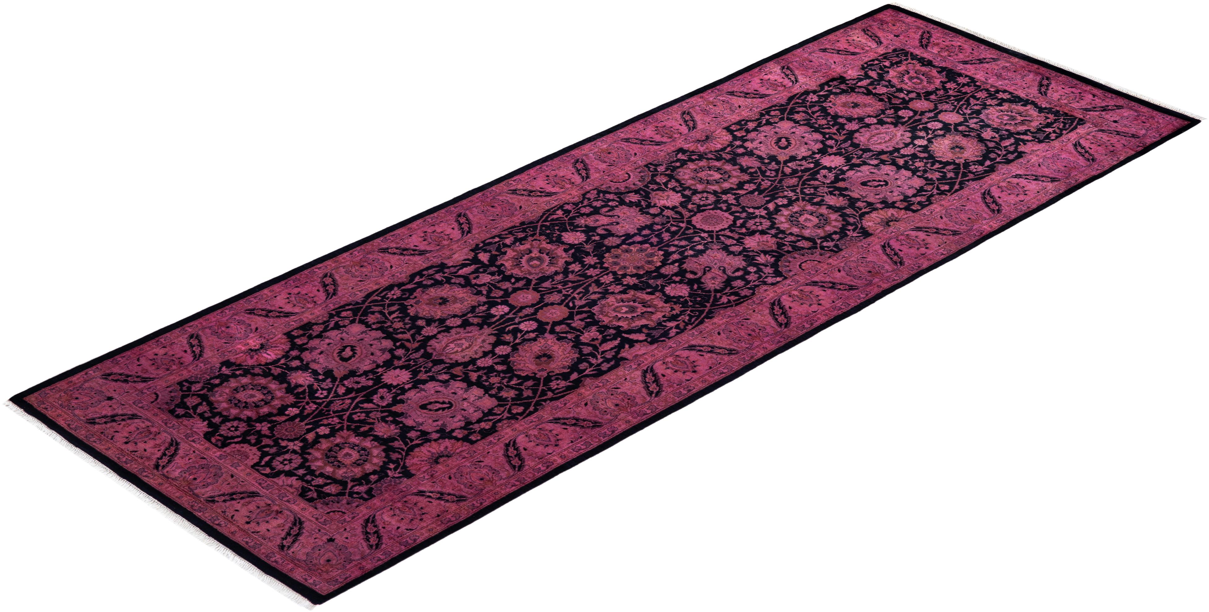 Contemporary Overdyed Hand Knotted Wool Pink Runner For Sale 4