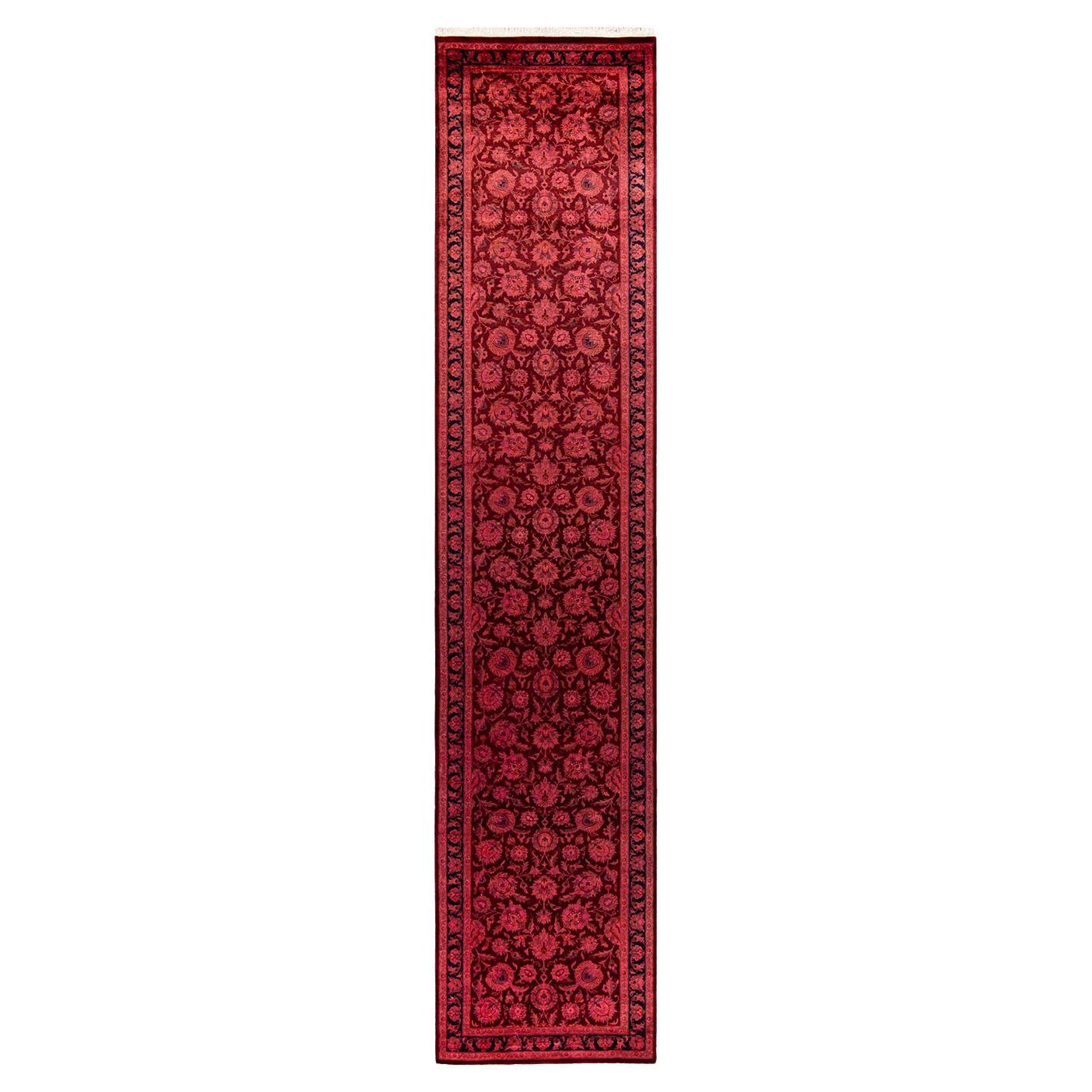 Contemporary Overdyed Hand Knotted Wool Pink Runner For Sale
