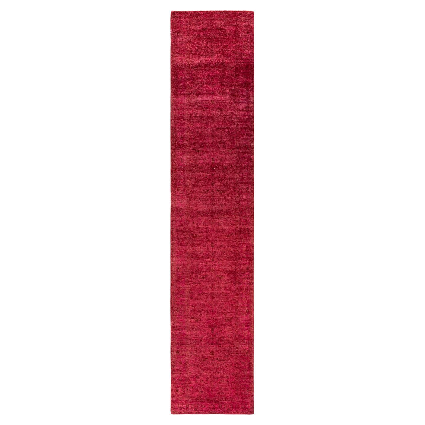 Contemporary Overdyed Hand Knotted Wool Pink Runner For Sale