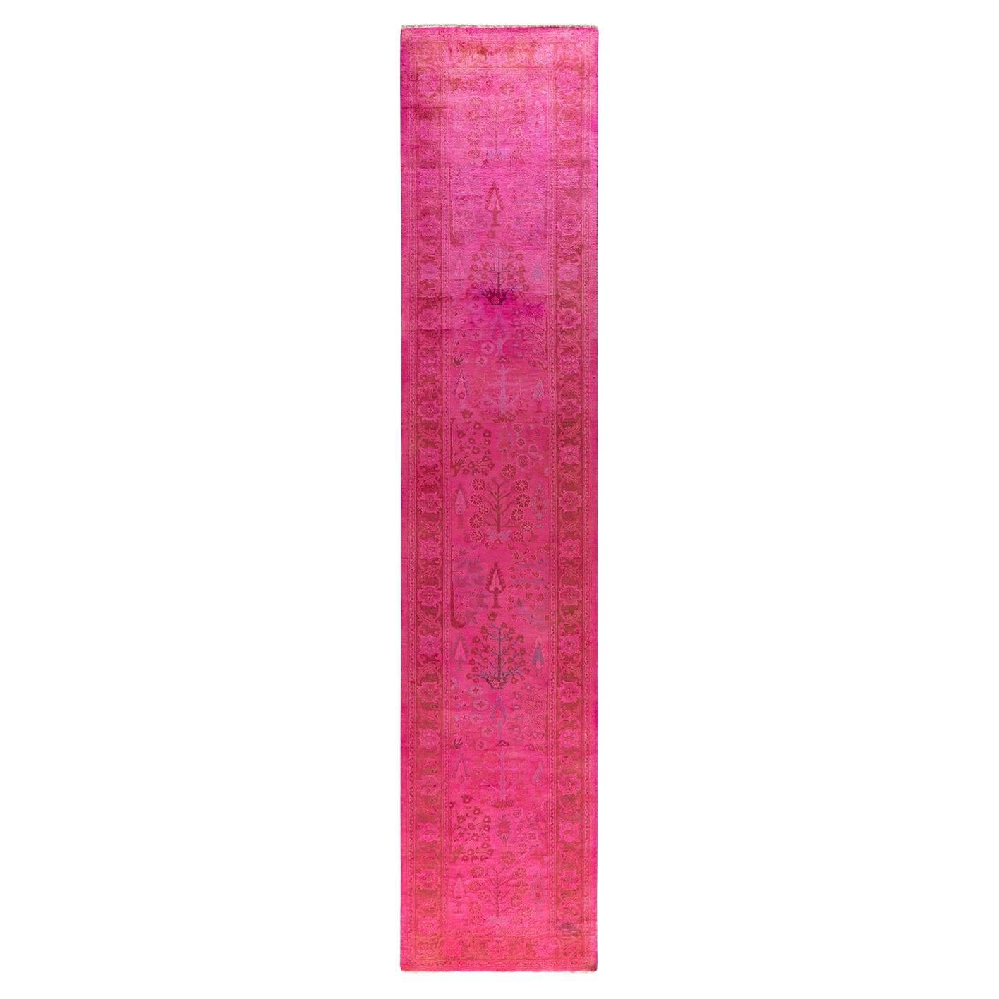 Contemporary Overdyed Hand Knotted Wool Pink Runner