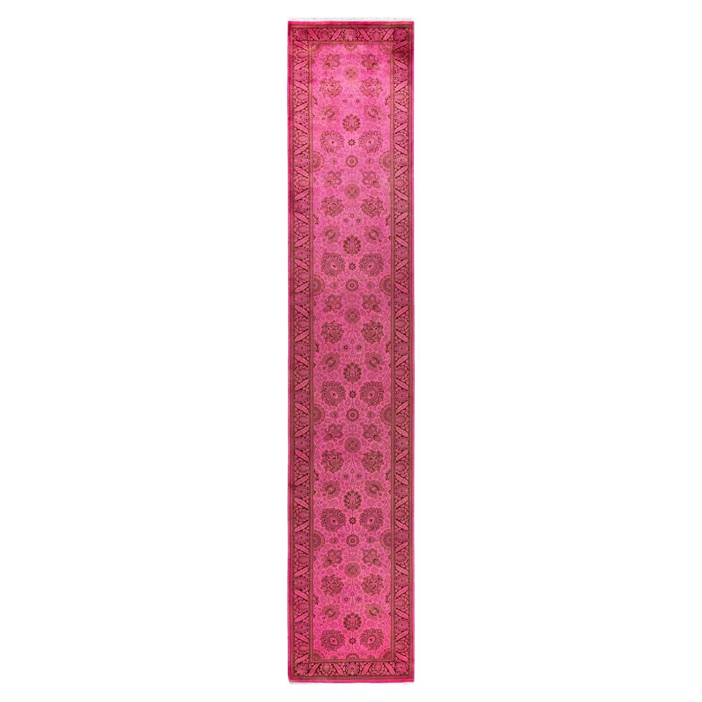 Contemporary Overdyed Hand Knotted Wool Pink Runner