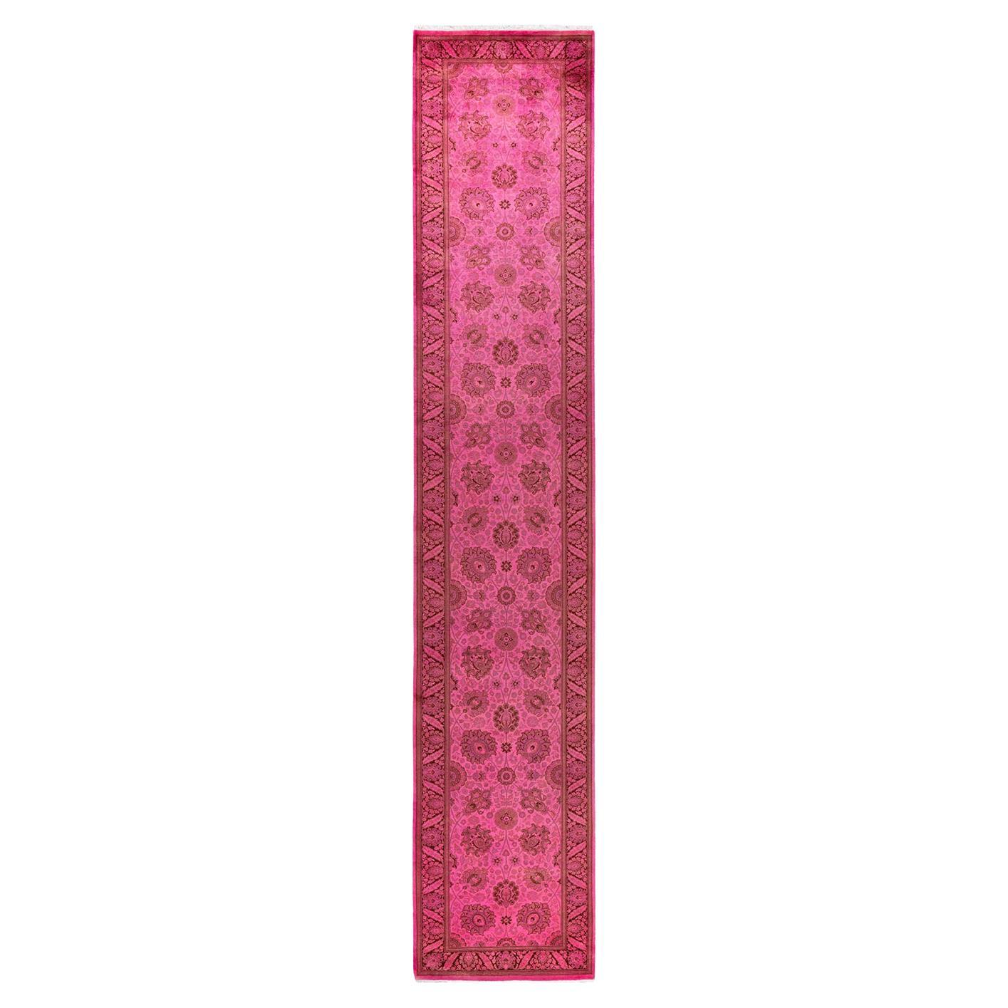 Contemporary Overdyed Hand Knotted Wool Pink Runner For Sale