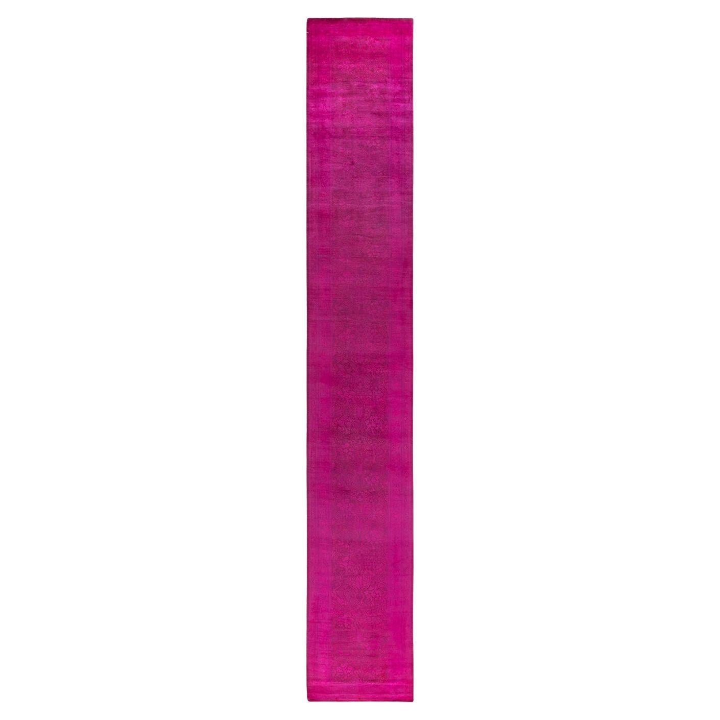 Contemporary Overdyed Hand Knotted Wool Pink Runner