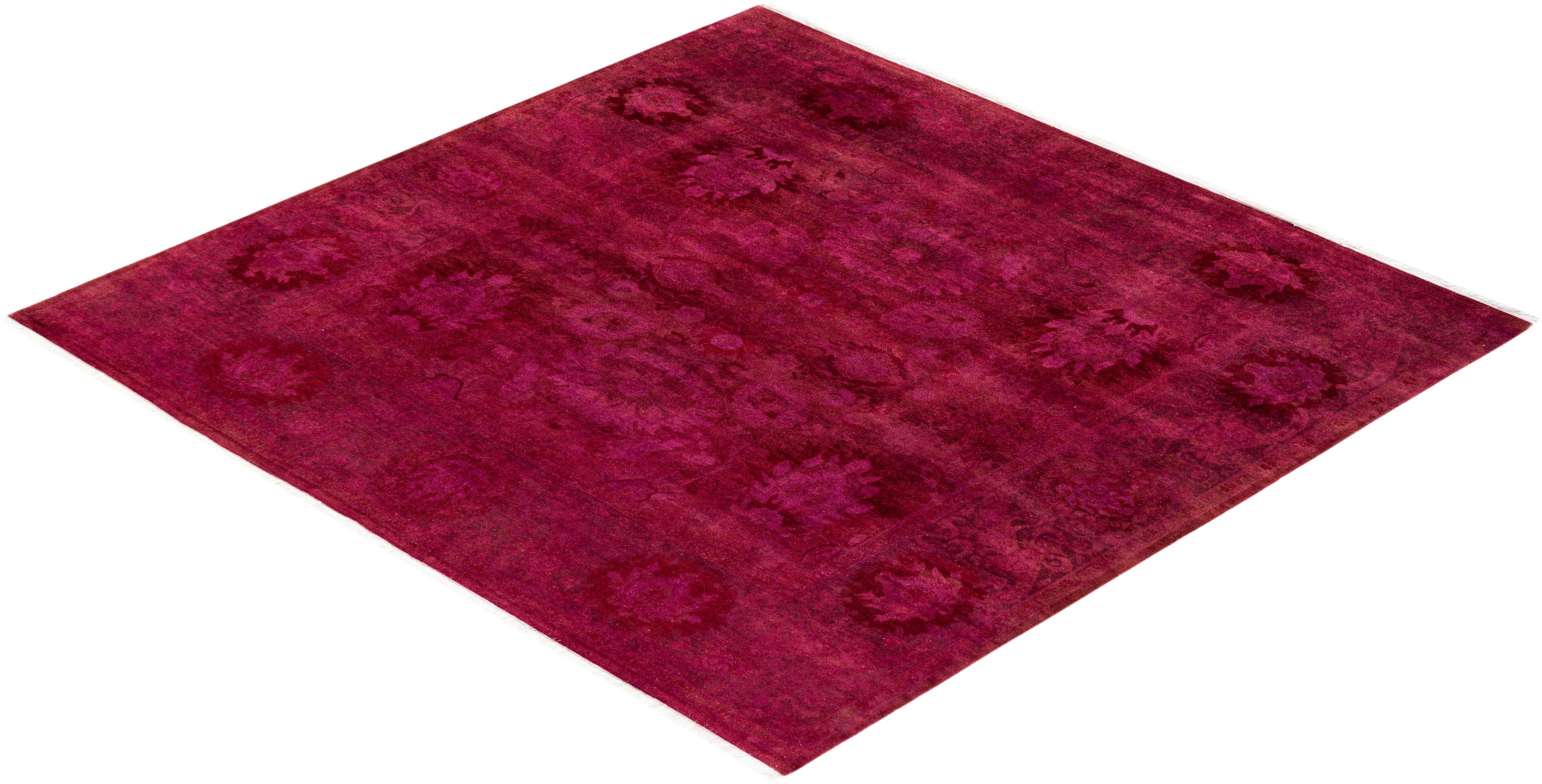 Contemporary Overdyed Hand Knotted Wool Pink Square Area Rug For Sale 4