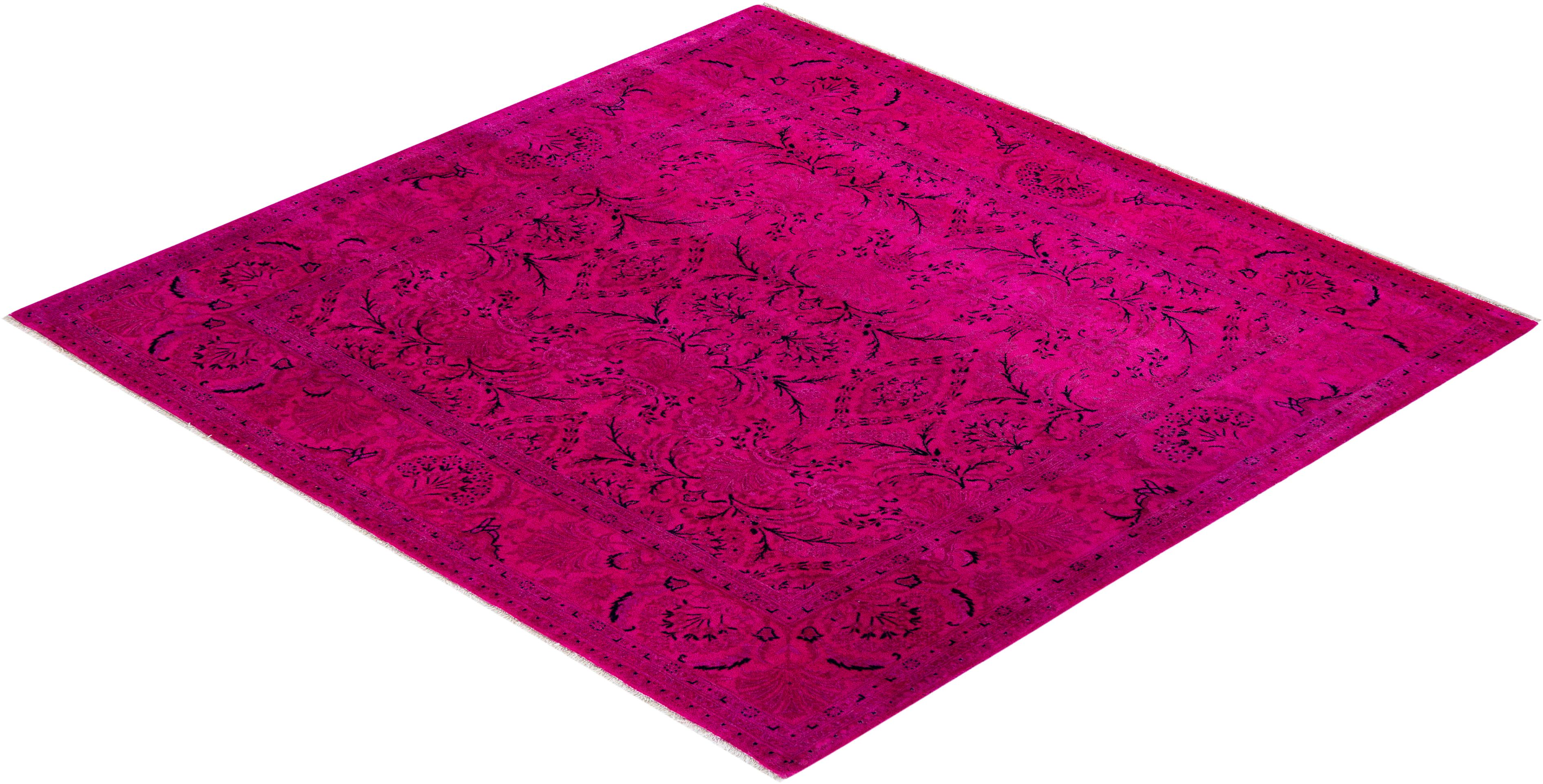 Contemporary Overdyed Hand Knotted Wool Pink Square Area Rug For Sale 4