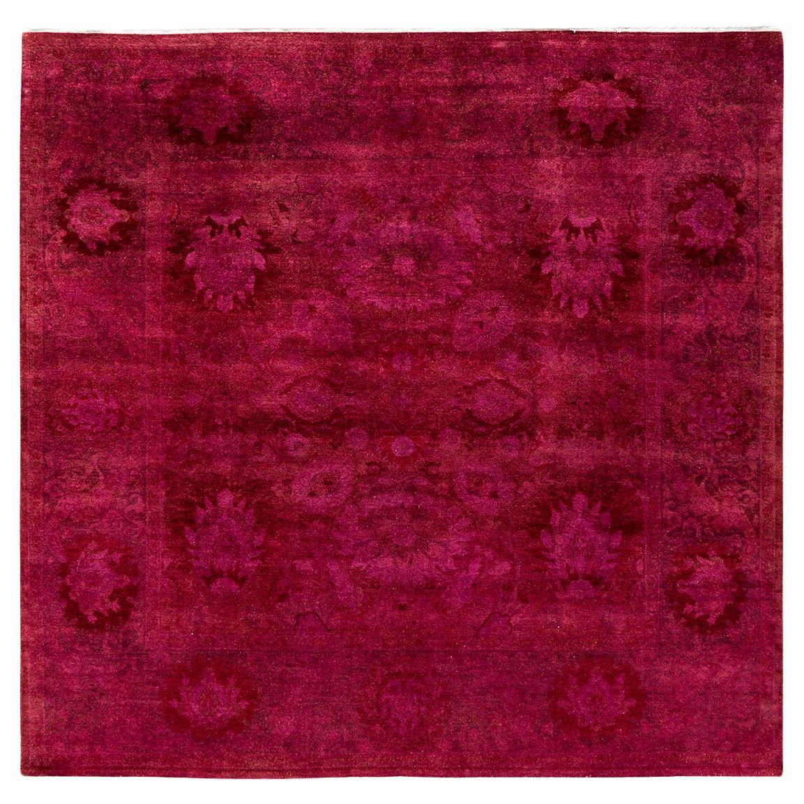 Contemporary Overdyed Hand Knotted Wool Pink Square Area Rug For Sale