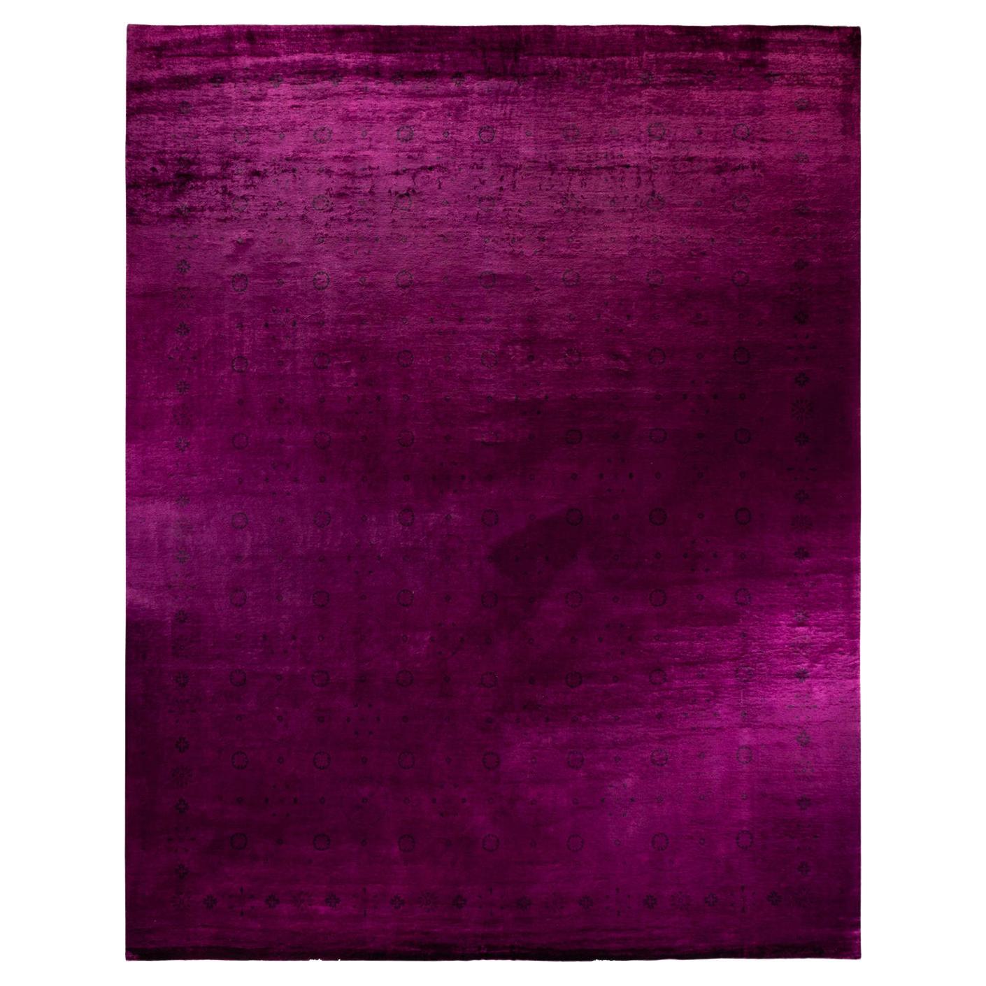 Contemporary Overdyed Hand Knotted Wool Plum Area Rug For Sale