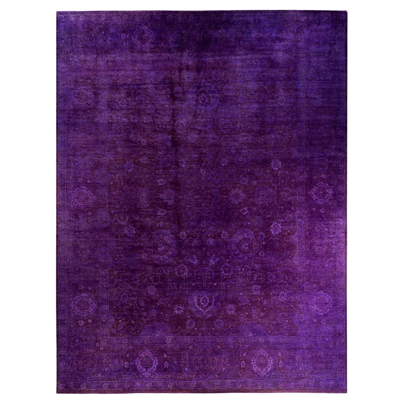 Contemporary Overdyed Hand Knotted Wool Purple Area Rug 12' 3" x 15' 5"