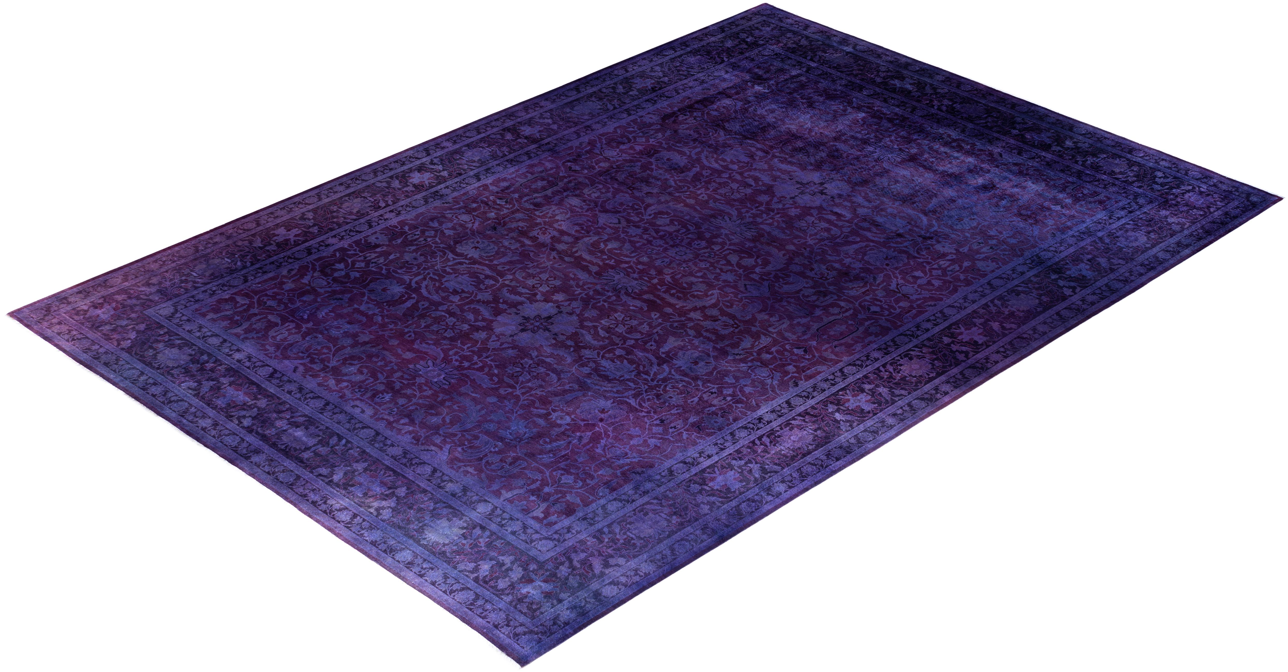 Contemporary Overdyed Hand Knots Rugs, Tappeto di lana viola 12' 3