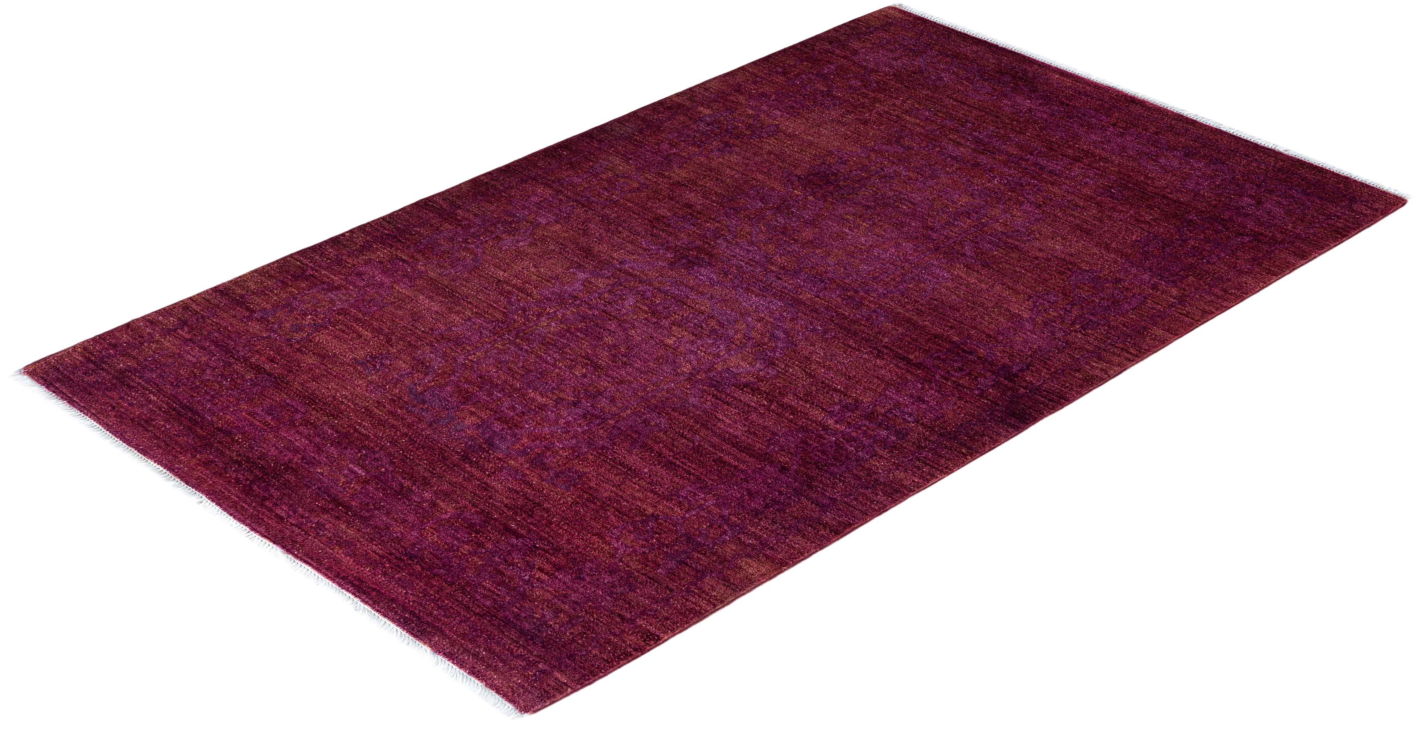Zeitgenössische Overdyed handgeknüpfte Wolle lila Bereich Teppich 3' 2