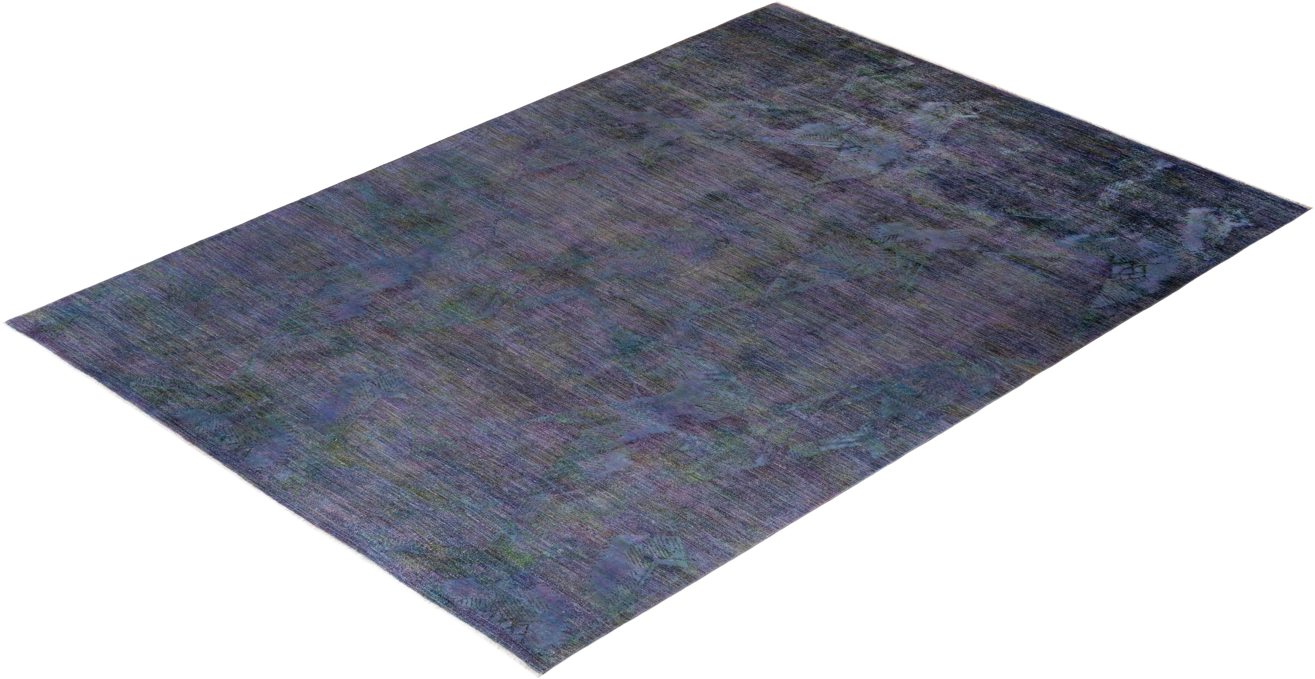 Contemporary Overdyed Hand Knotted Wool Purple Area Rug For Sale 4