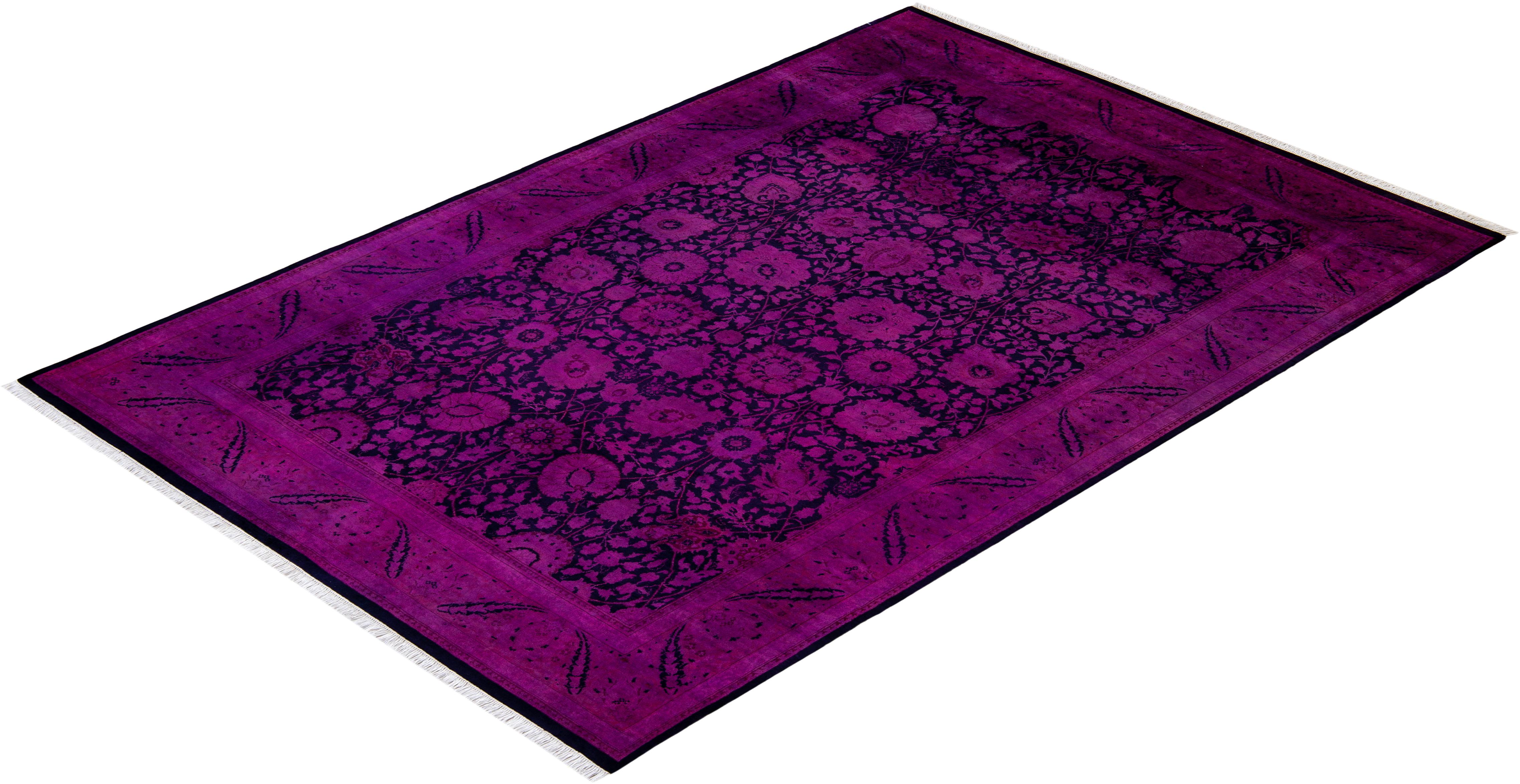 Contemporary Overdyed Hand Knotted Wool Purple Area Rug For Sale 4