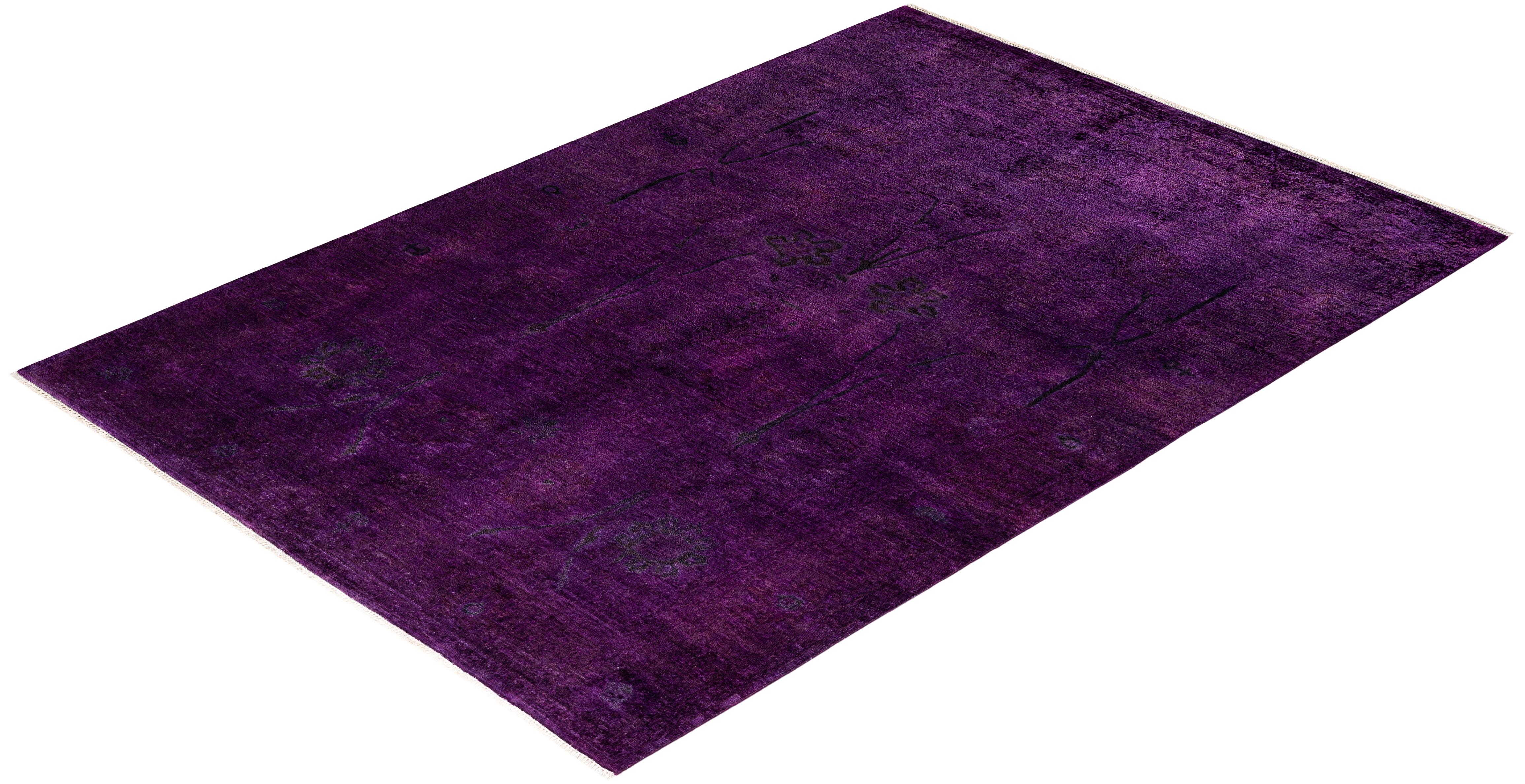 Contemporary Overdyed Hand Knotted Wool Purple Area Rug For Sale 4