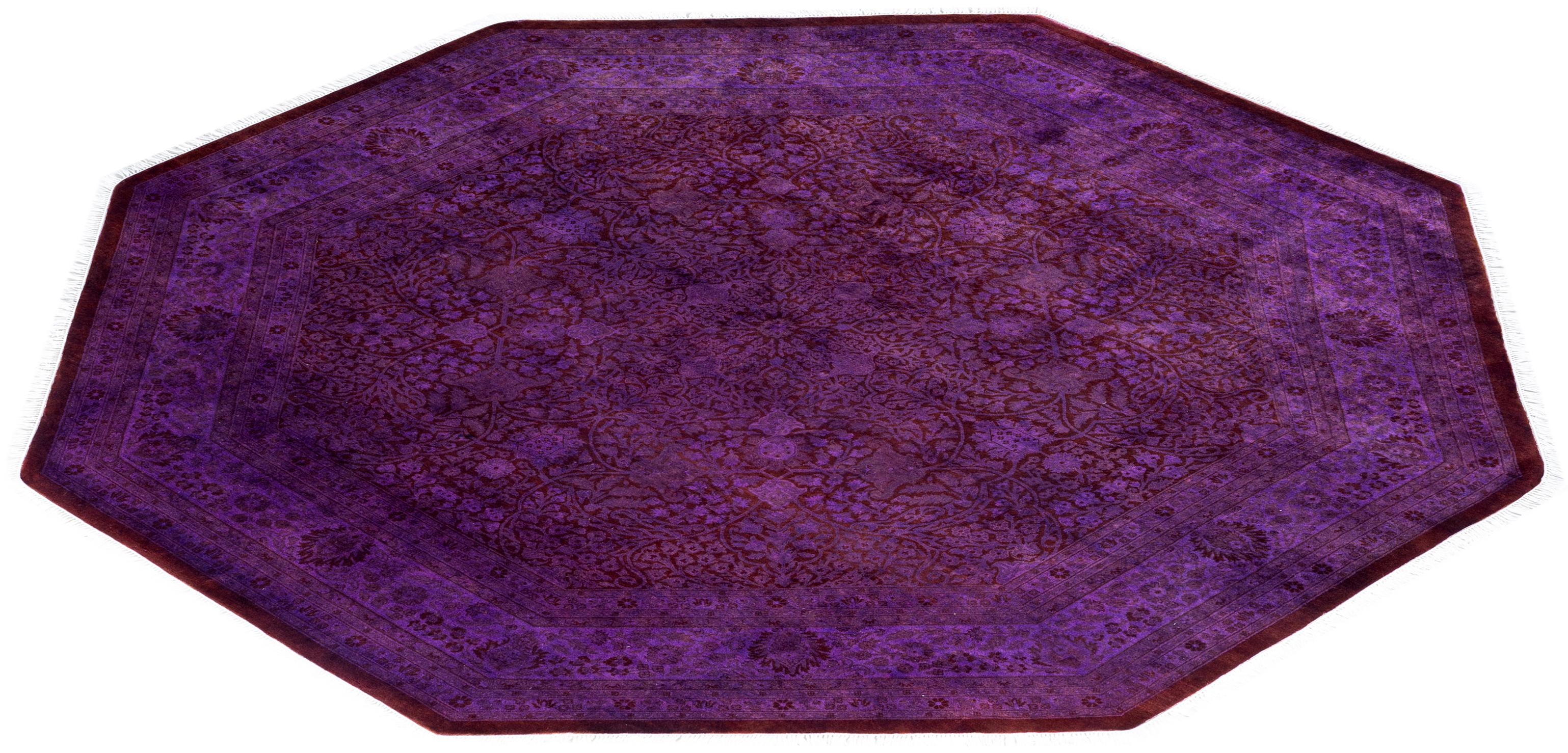 Zeitgenössische Overdyed handgeknüpfte Wolle lila Octagon Bereich Teppich 8' 1