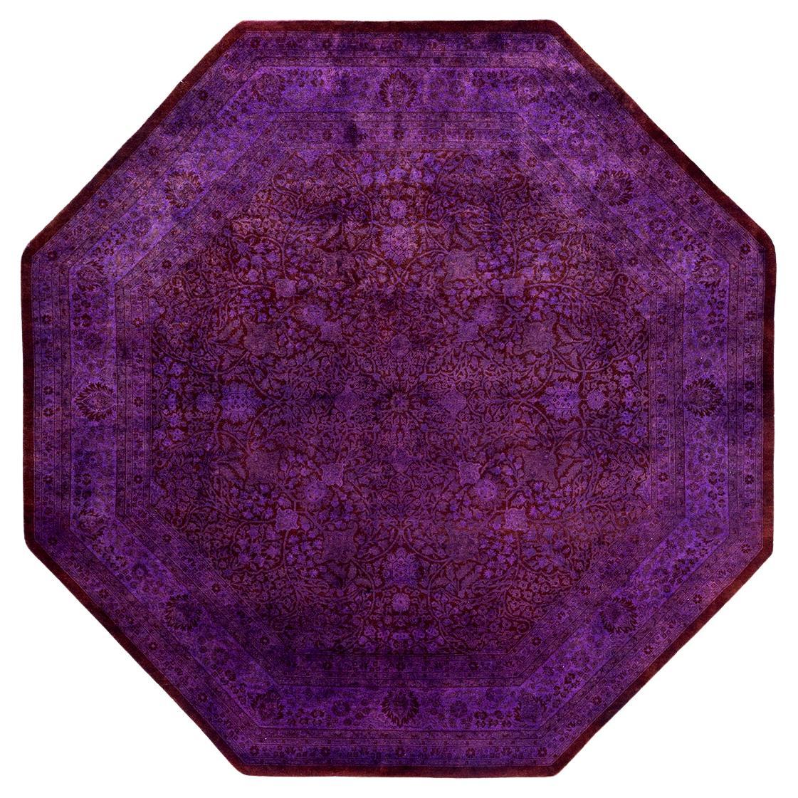 Contemporary Overdyed Hand Knotted Wool Purple Octagon Area Rug 8' 1" x 8' 1"